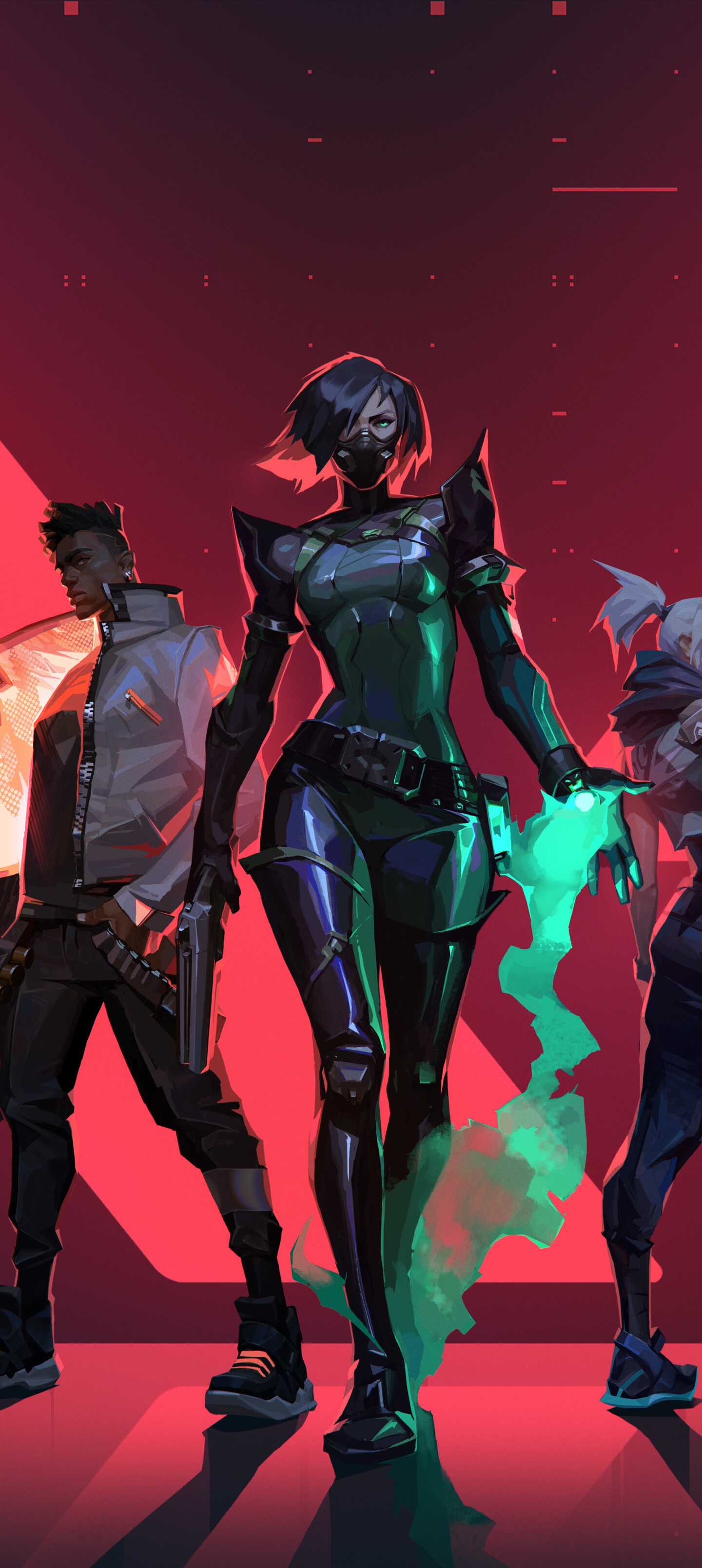 A group portrait featuring Valorant characters Cypher, Jett, Viper, Phoenix, and Sova.