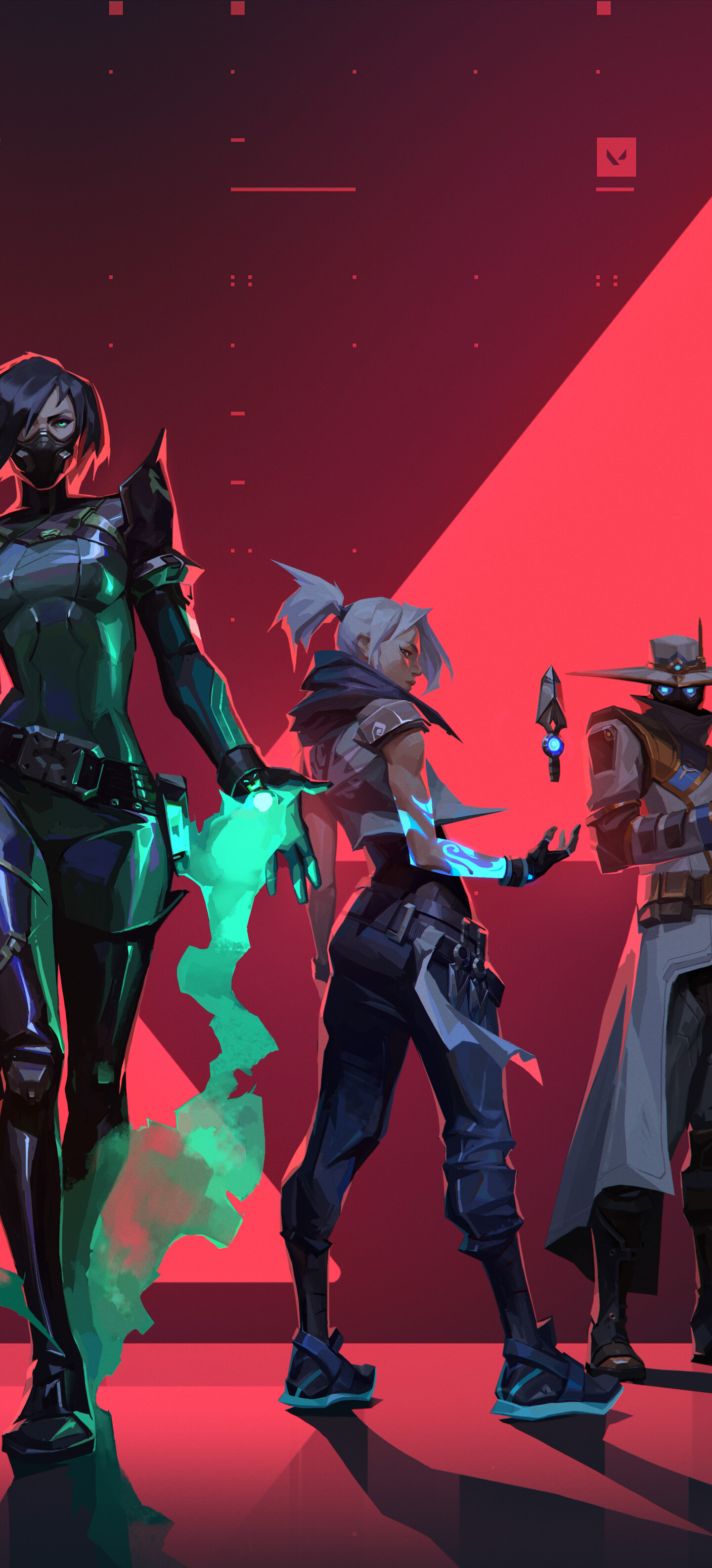 A dynamic group portrait featuring Valorant characters Jett, Phoenix, Viper, Sova, and Cypher.