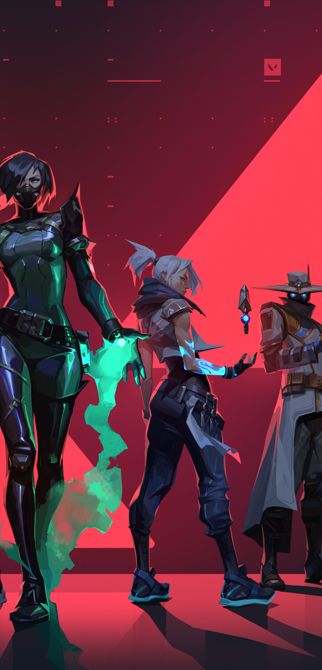 A group of characters from Valorant including Jett, Viper, Phoenix, Cypher, and Sova.