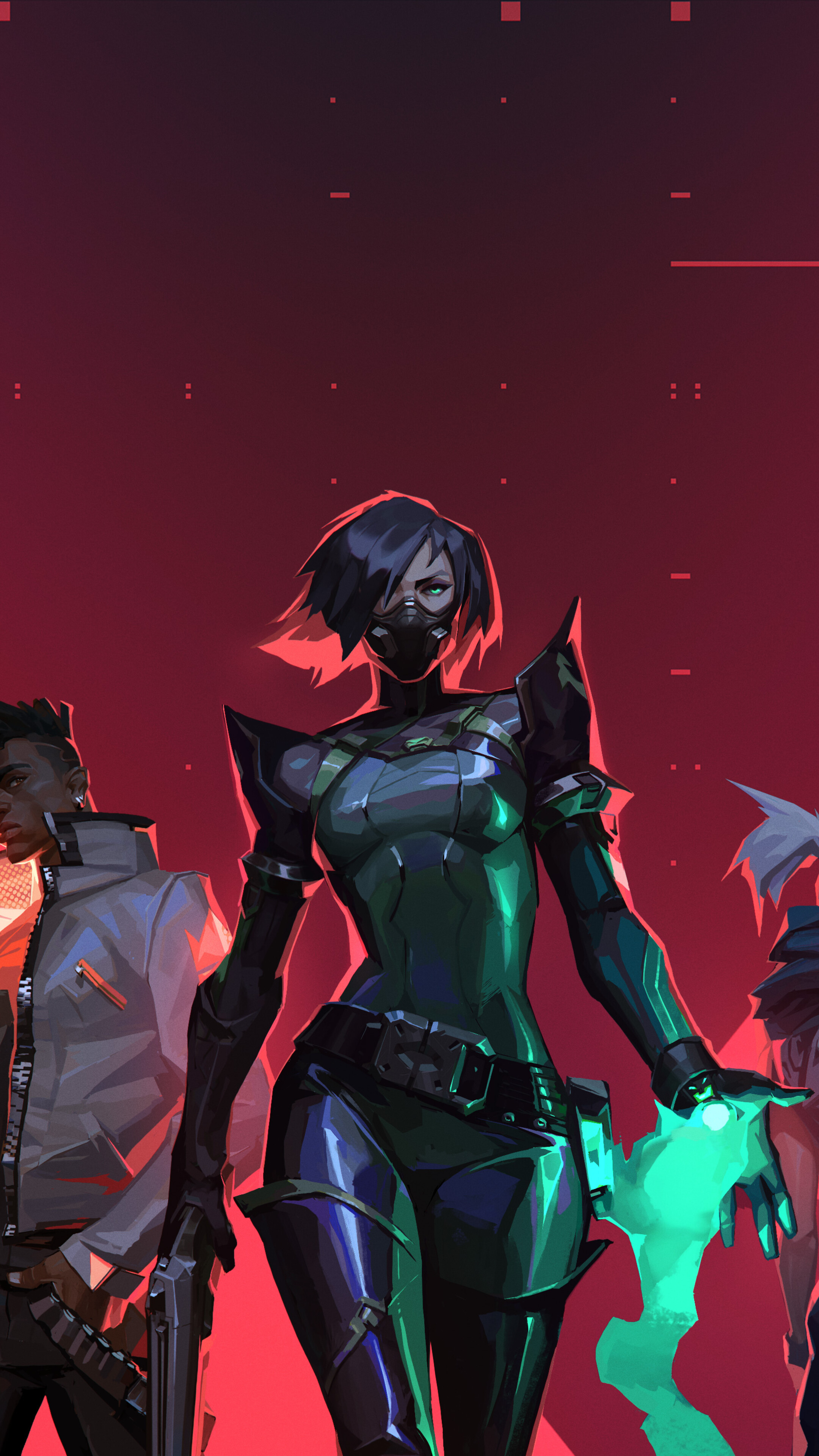A group of Valorant characters: Jett, Viper, Phoenix, Cypher, and Sova.