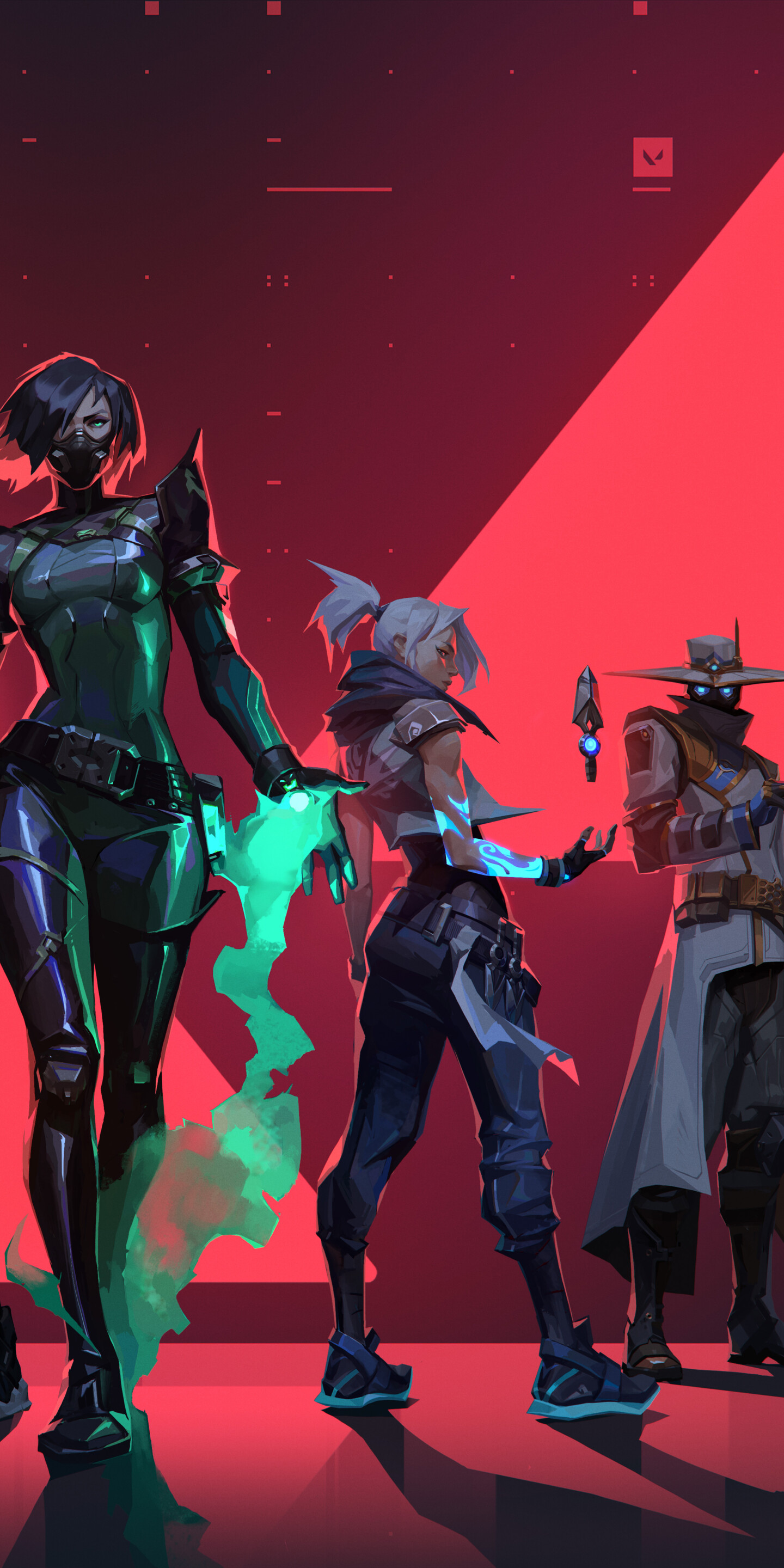 A cinematic group portrait of Valorant characters Jett, Viper, Phoenix, Sova, and Cypher.