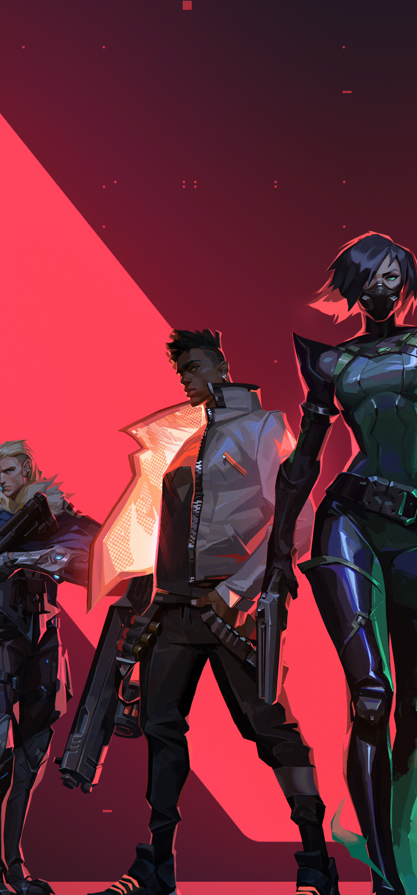 A group portrait of Valorant characters Jett, Phoenix, Viper, Cypher, and Sova.