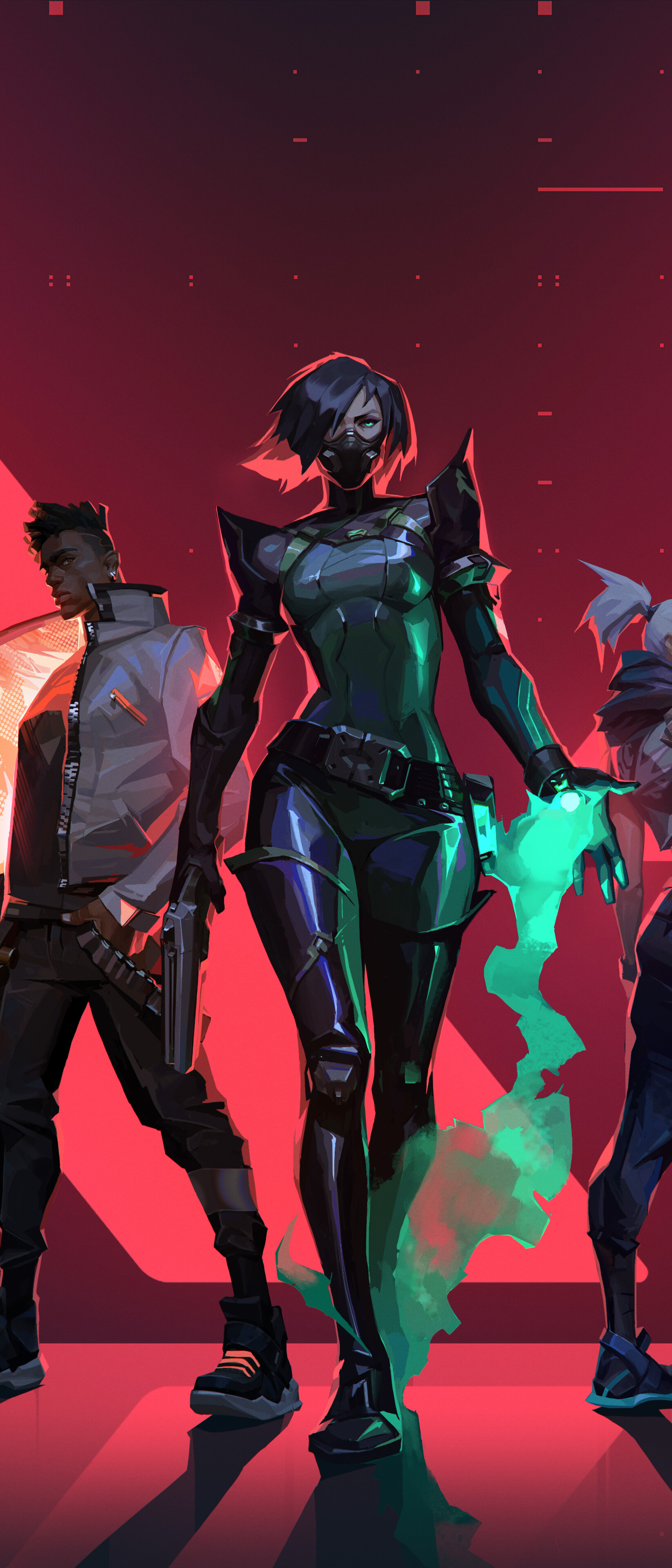 A group portrait of Valorant characters Jett, Viper, Phoenix, Cypher, and Sova.