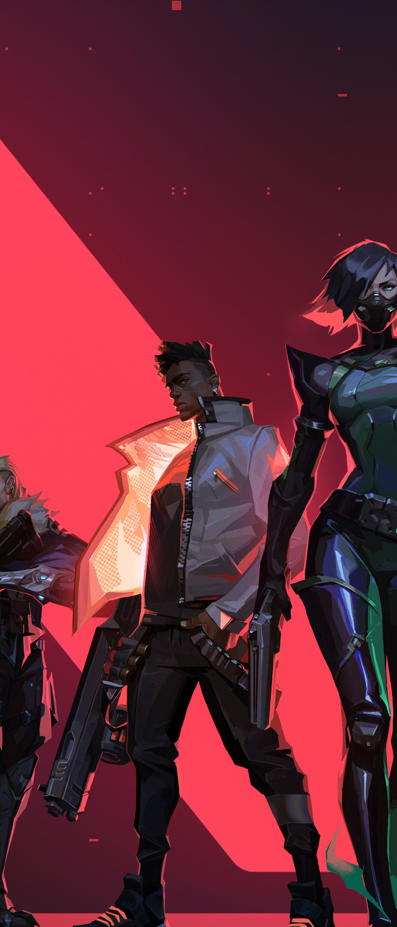 A group portrait of Valorant agents Jett, Viper, Phoenix, Sova, and Cypher.