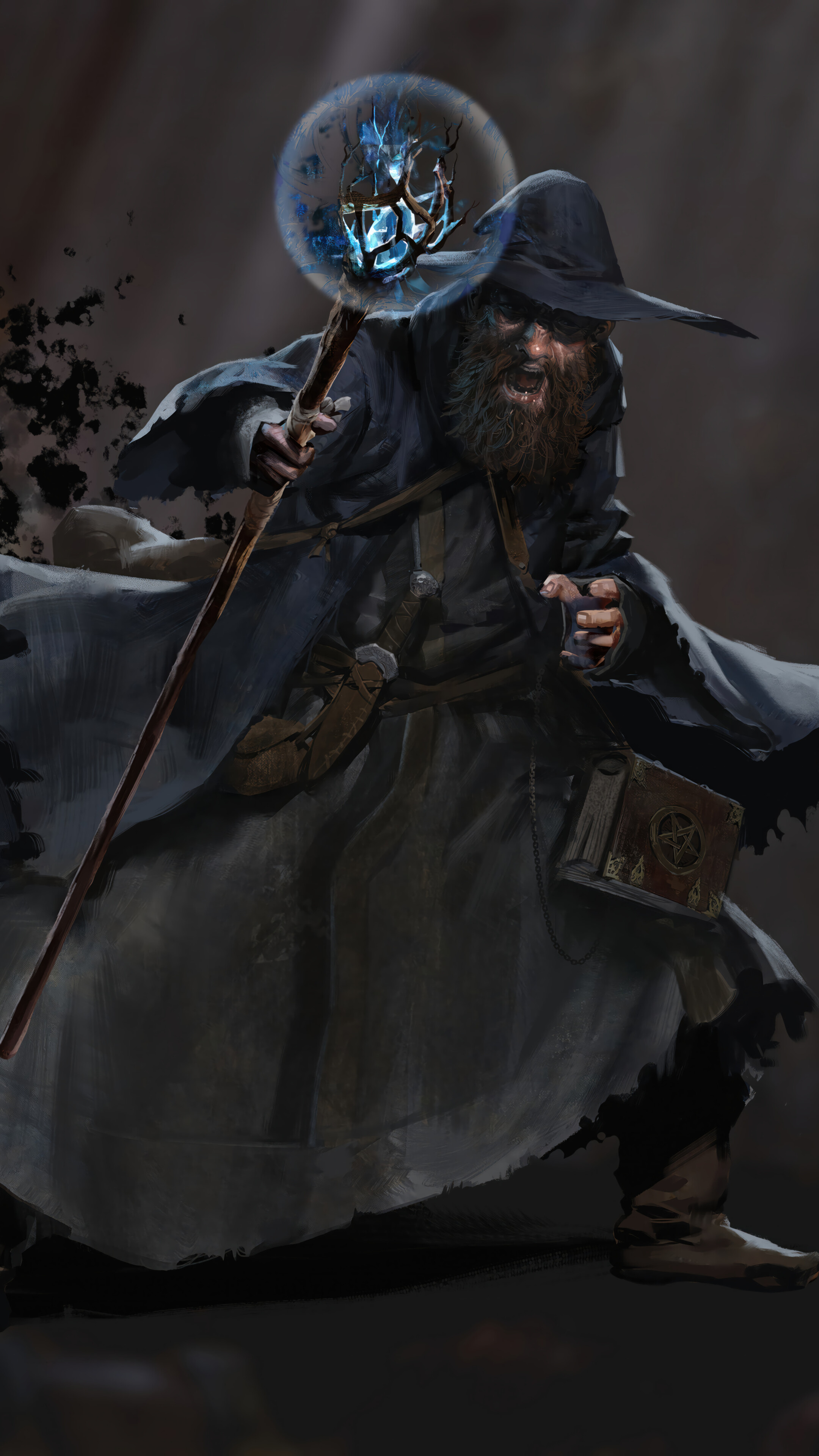 Un mago de fantasía oscura, sosteniendo un báculo mágico en un entorno sombrío y subterráneo, que representa la clase de mago del juego Dark and Darker.