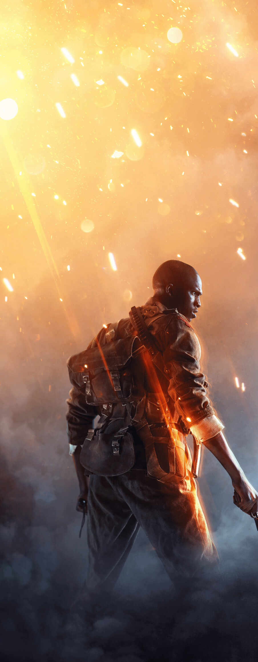Un’immagine intensa e realistica, quasi cinematografica, di un soldato della Prima Guerra Mondiale immerso nel fumo e nel caos di un campo di battaglia, ispirata al videogioco Battlefield 1.