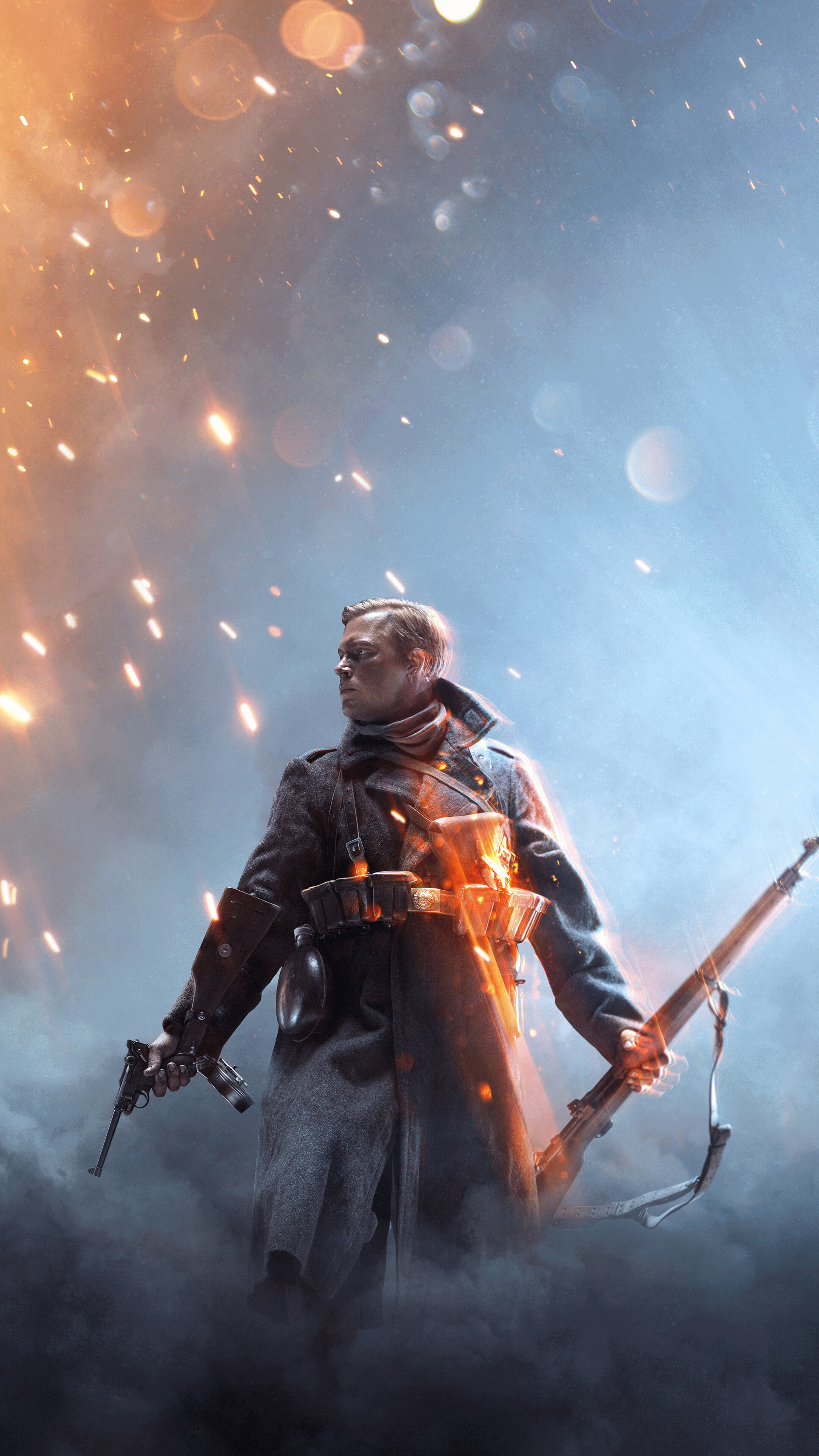 A soldier in a World War I uniform amidst a smoke-filled and muddy battlefield, inspired by Battlefield 1.