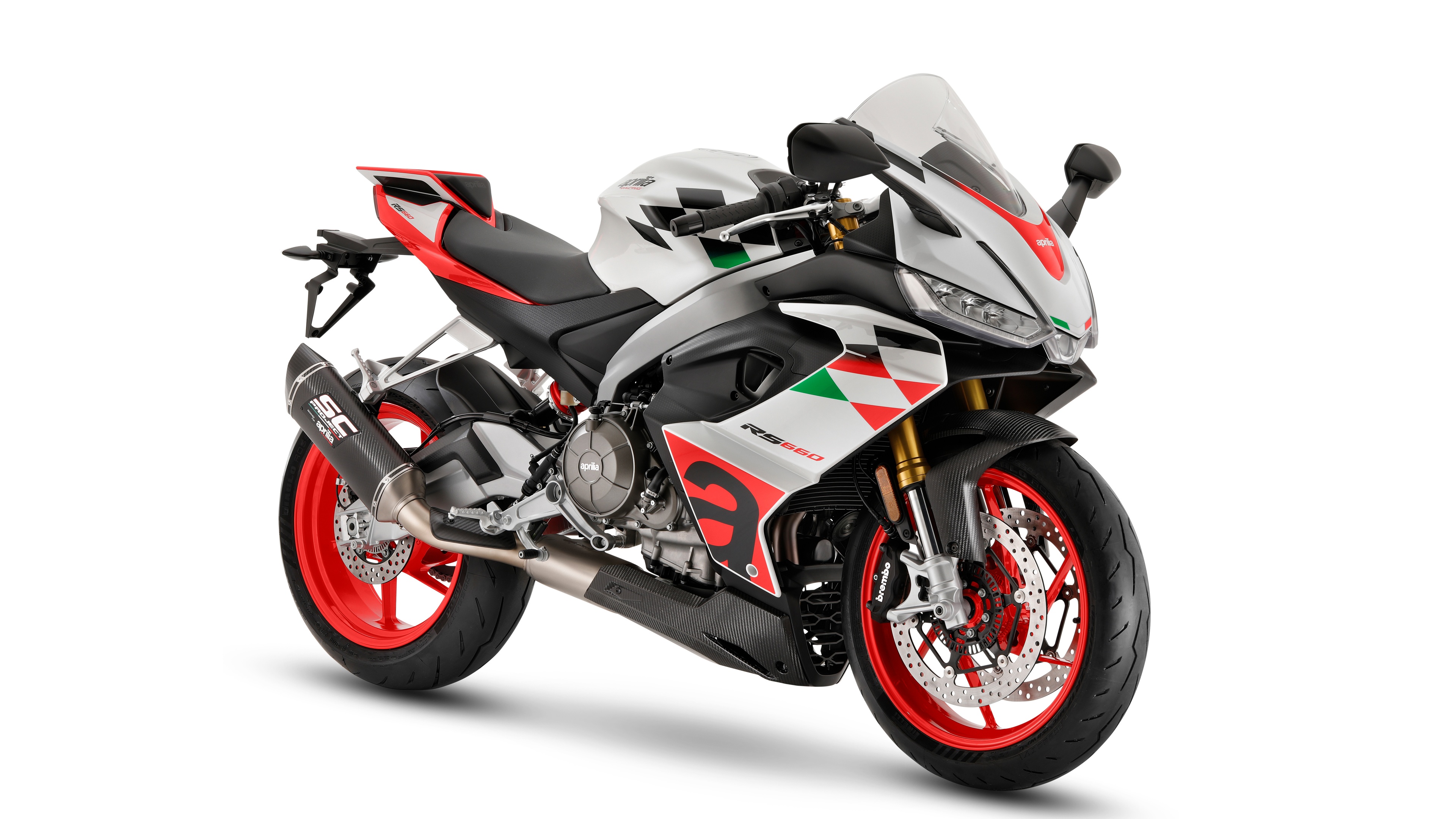 A detailed view of the 2023 Aprilia RS 660 sportbike isolated on a white background