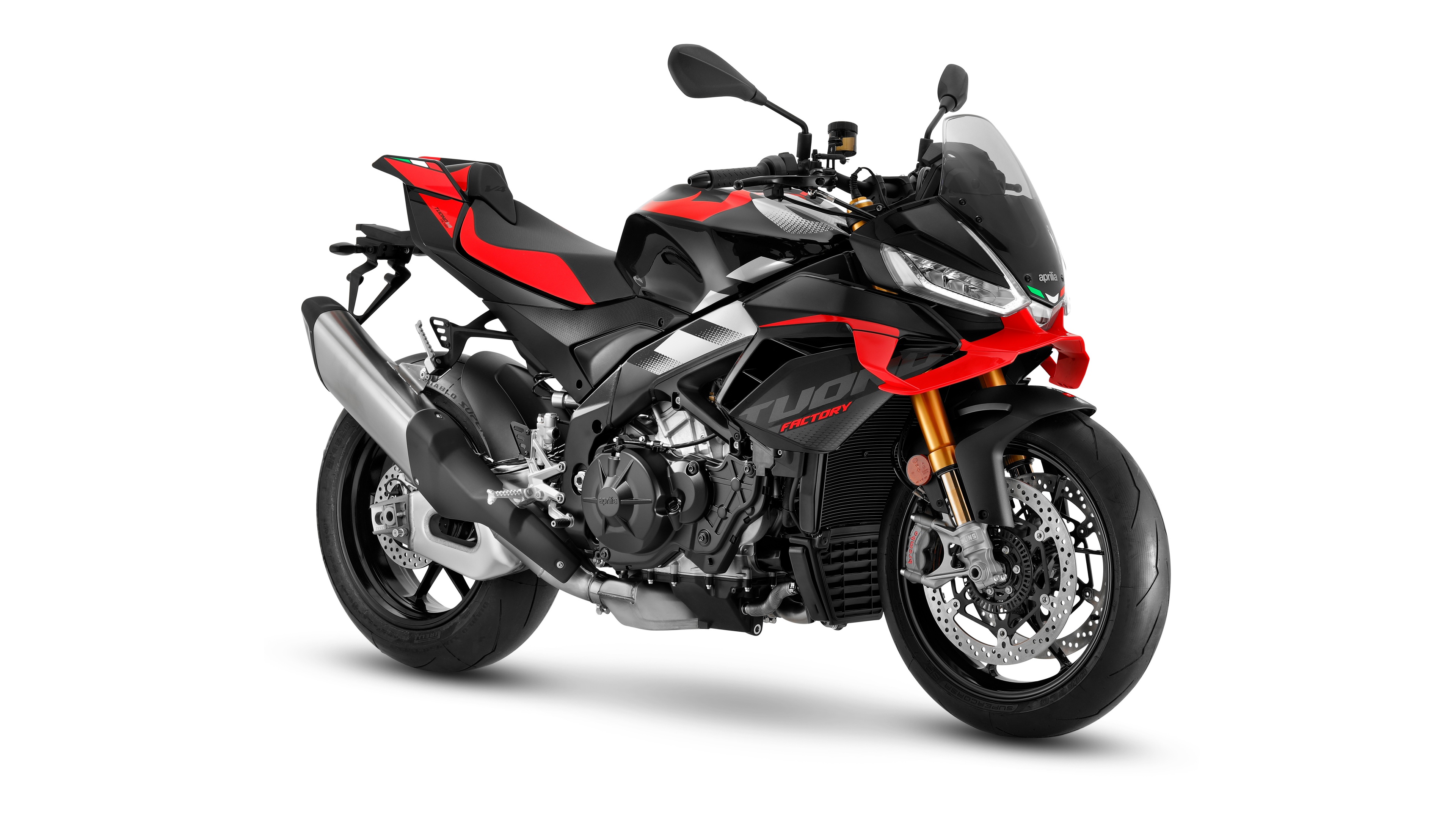High-resolution studio shot of the 2025 Aprilia Tuono V4 Factory motorcycle on a white background