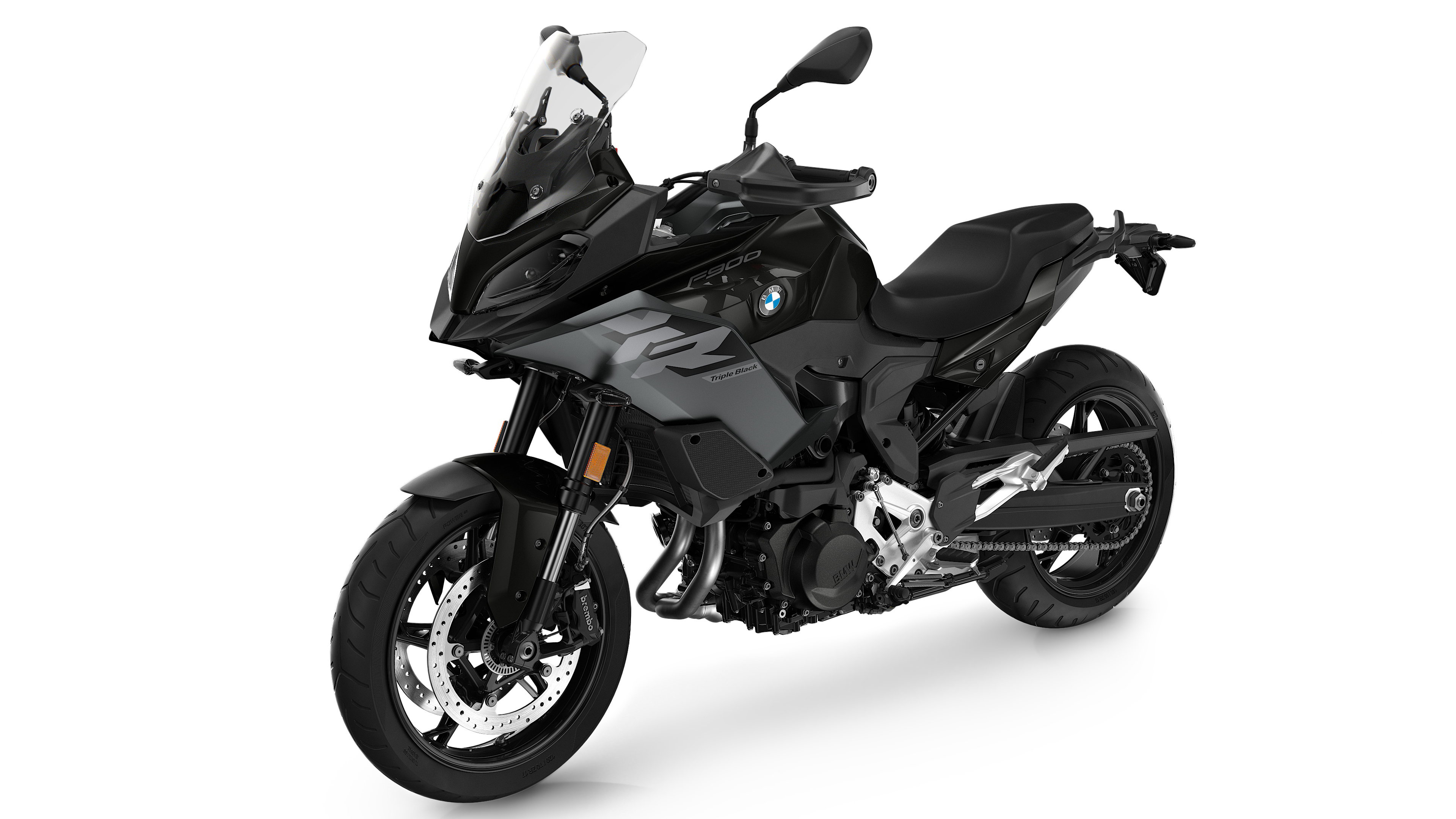 A sleek black 2025 BMW F 900 XR adventure motorcycle isolated on a plain white background.