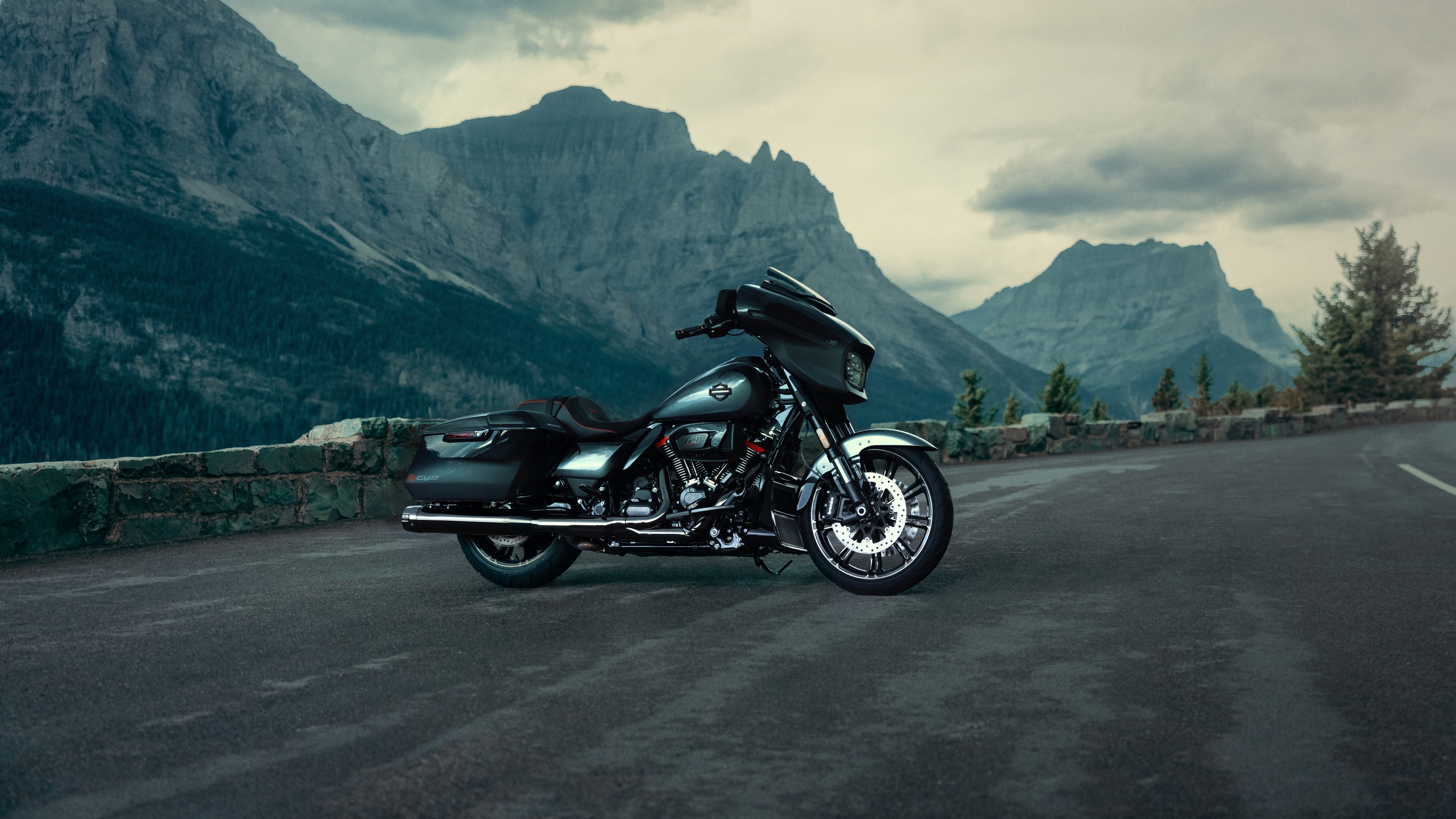 A detailed, high-resolution view of the 2025 Harley-Davidson CVO motorcycle with polished chrome and premium blacked-out finishes.