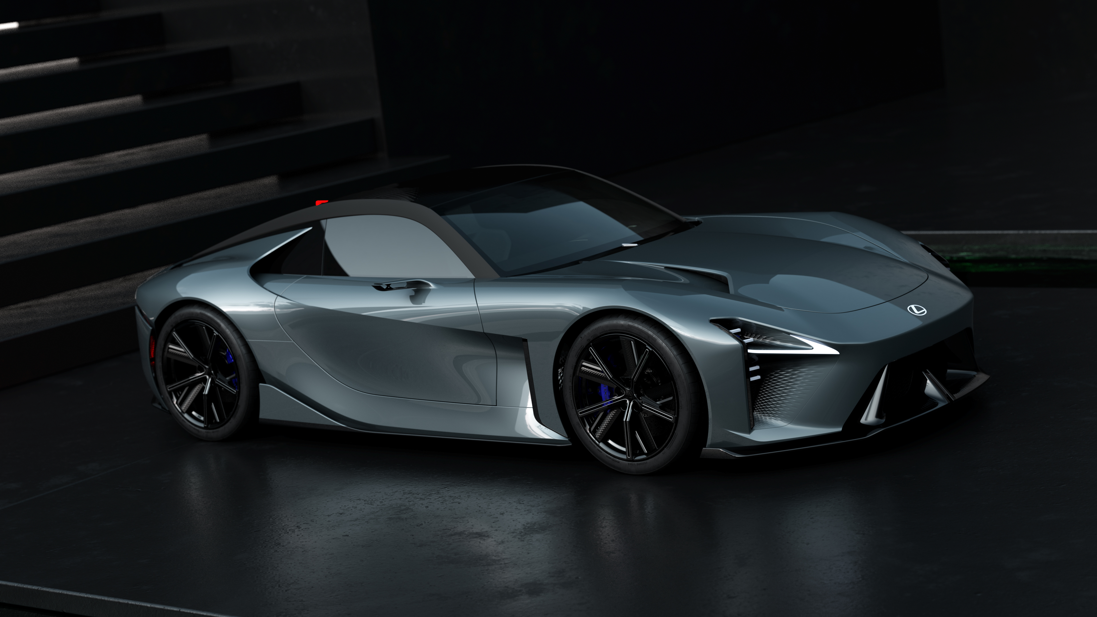 The 2025 Lexus Sport Concept electric supercar featuring a sleek, aerodynamic design against a dark, moody background.
