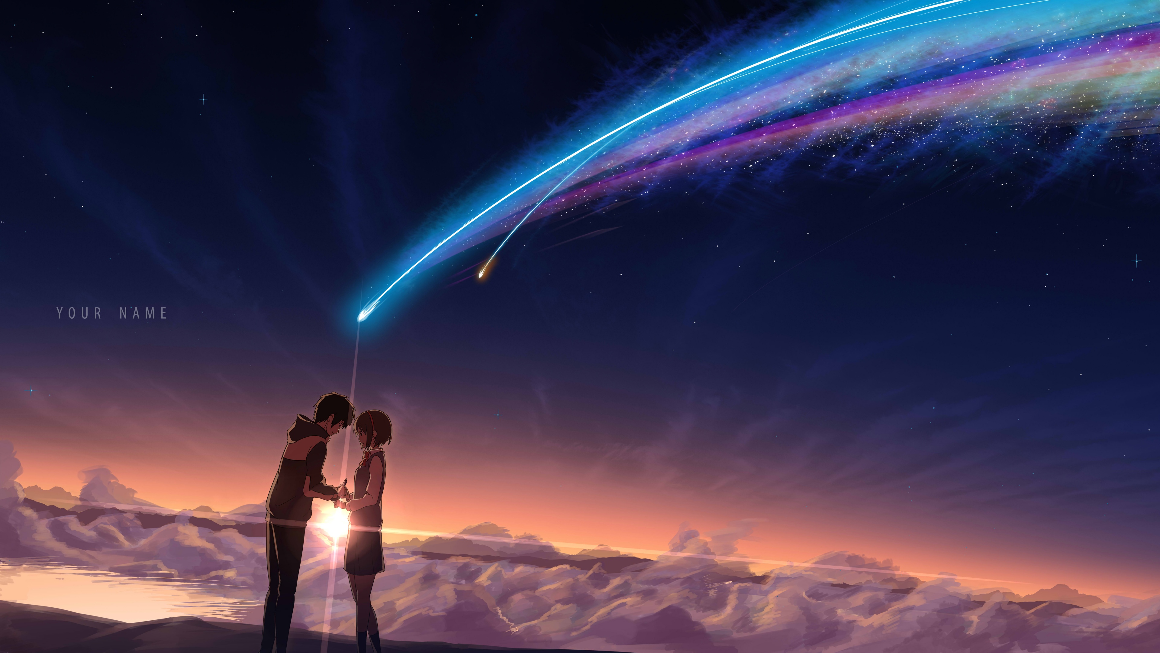 Anime couple Taki Tachibana and Mitsuha Miyamizu from Your Name standing under a celestial night sky featuring Comet Tiamat and shooting stars.