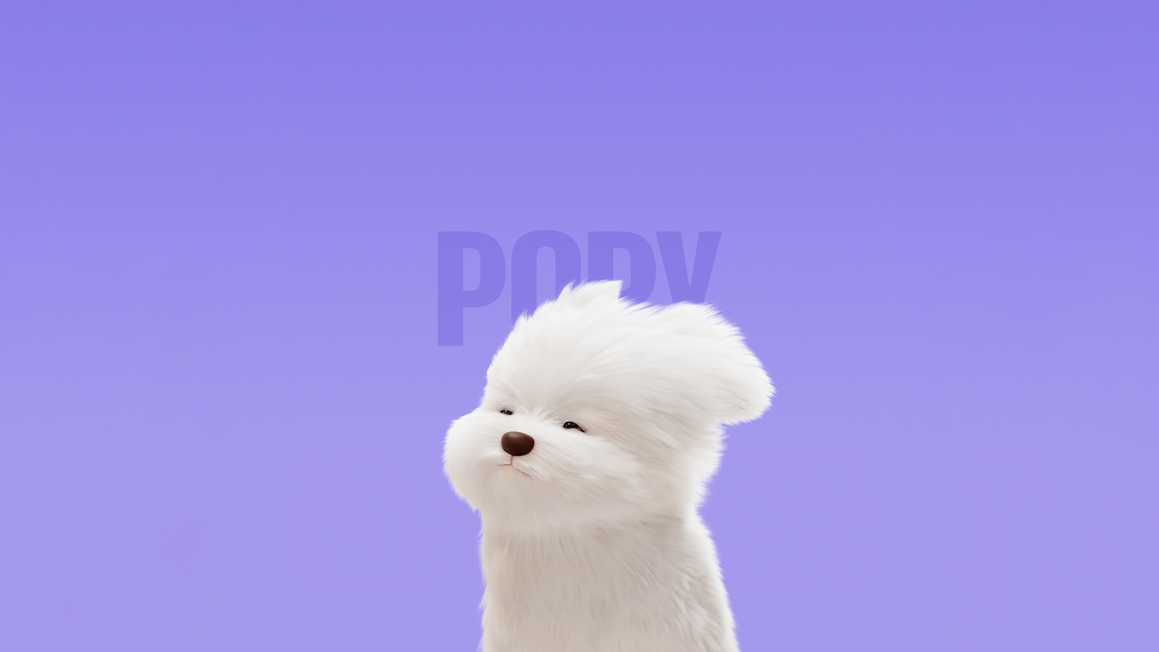 A cute cartoon Maltese dog puppy with fluffy white fur sitting against a bright purple background.