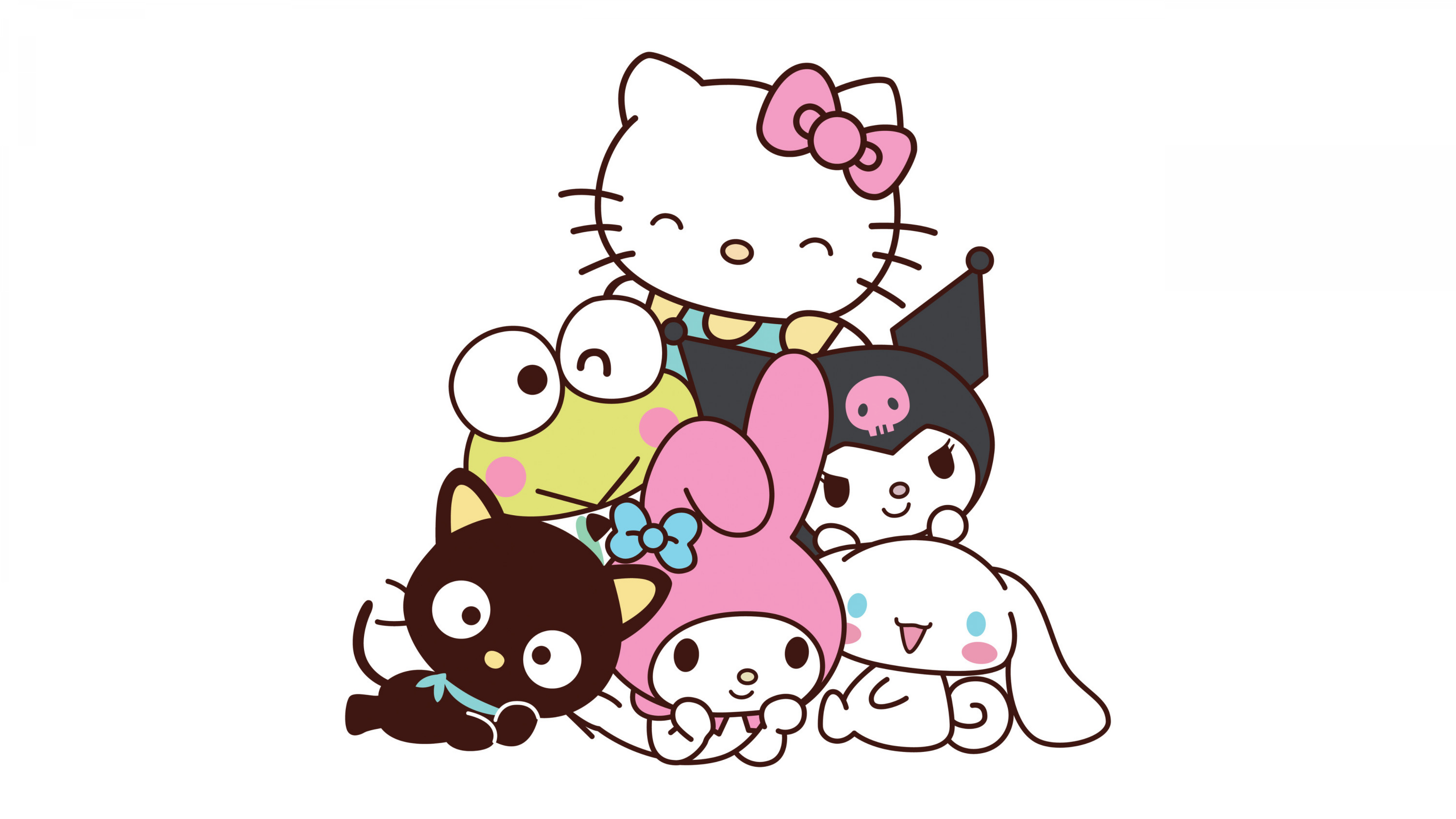 A group of cute Sanrio characters including Hello Kitty, Kuromi, Cinnamoroll, My Melody, Chococat, and Keroppi on a white background.