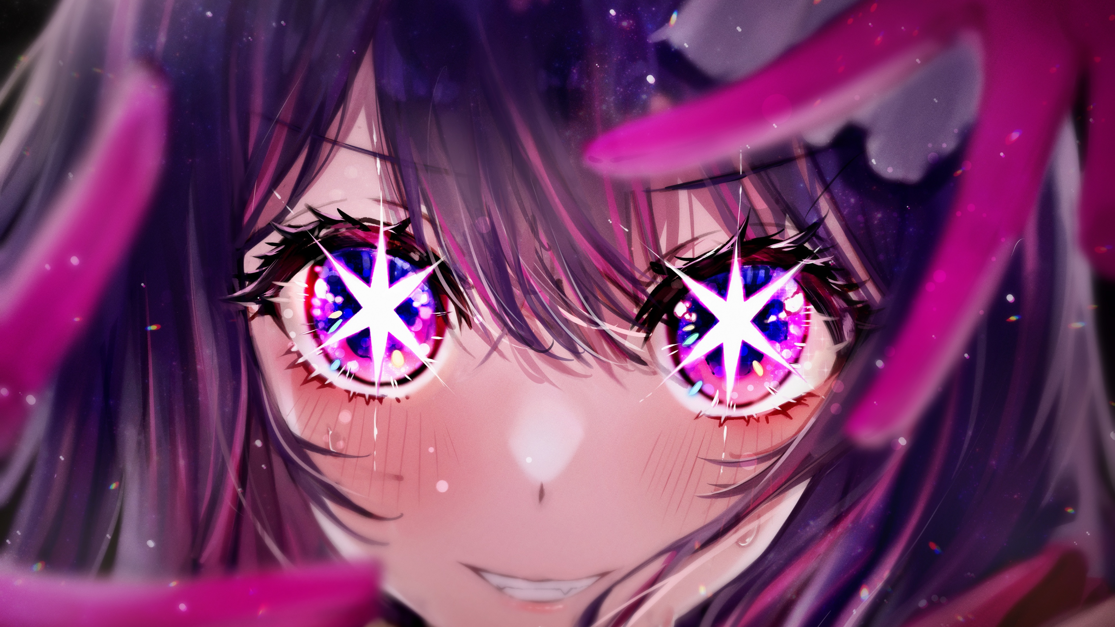 A high-resolution portrait of Ai Hoshino from Oshi no Ko, capturing her radiant smile and iconic star eyes.