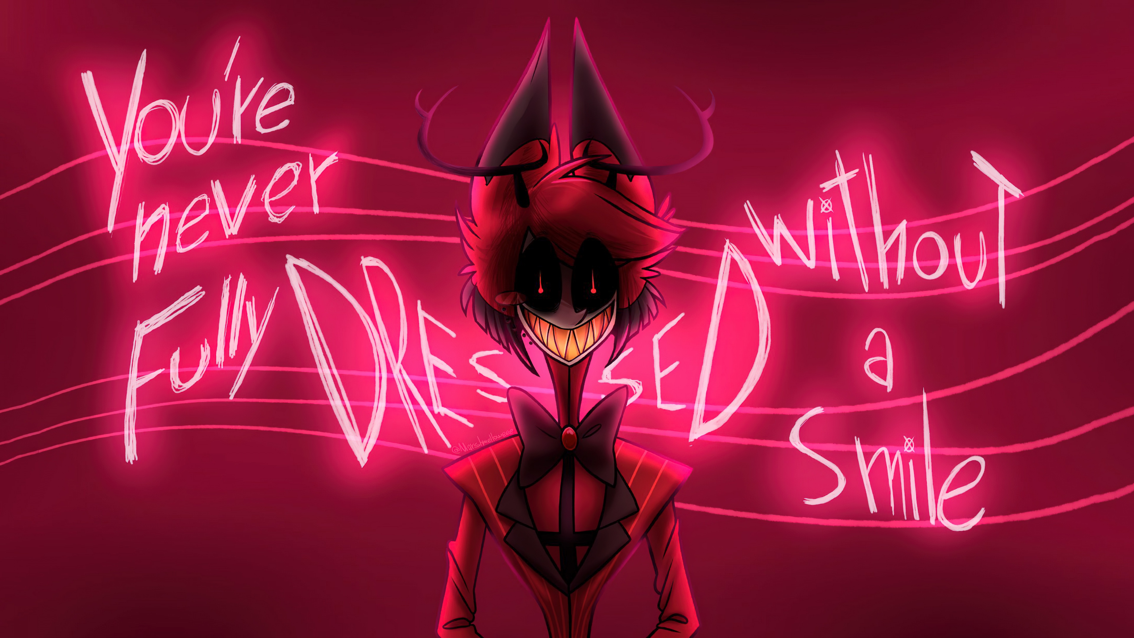Alastor from Hazbin Hotel against a deep red background
