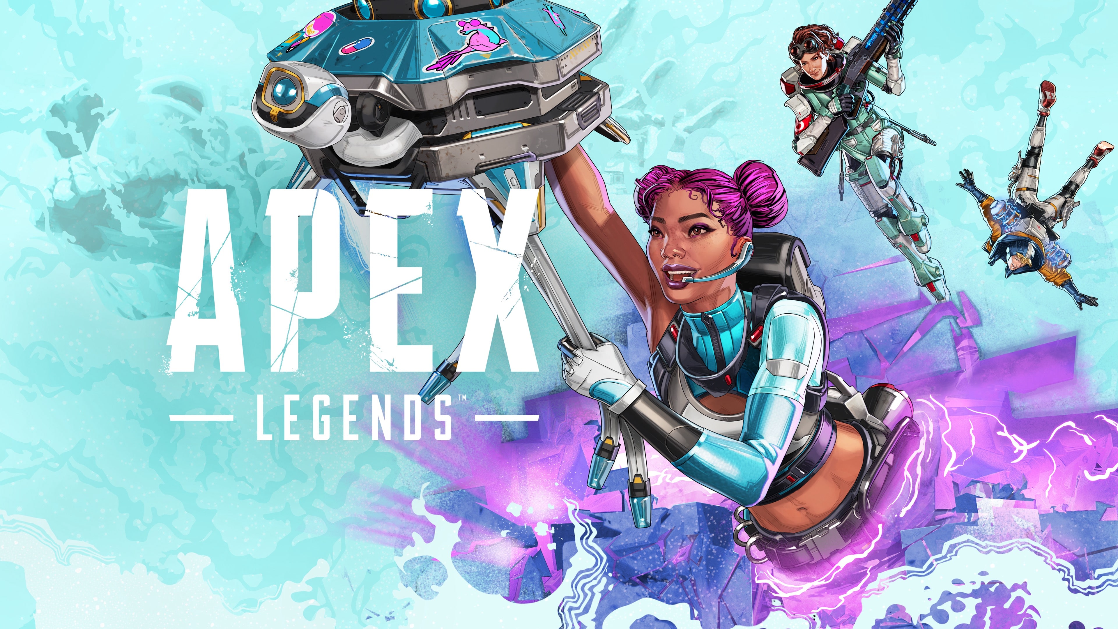 A cinematic action shot featuring a character from the online battle royale game Apex Legends.
