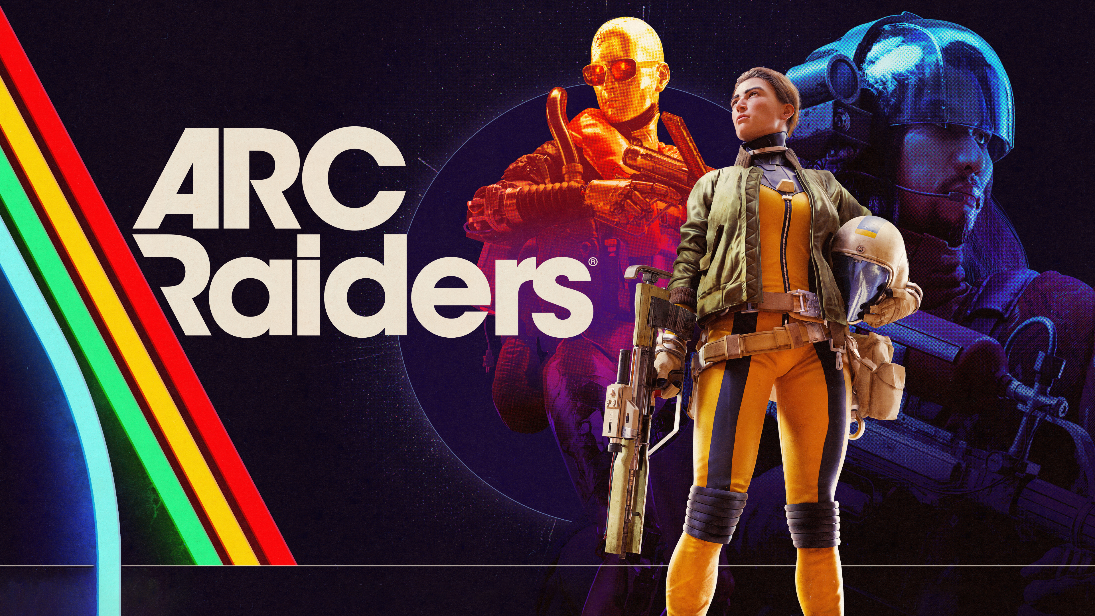 A cinematic view of a Raider from the game ARC Raiders in a sci-fi combat setting.