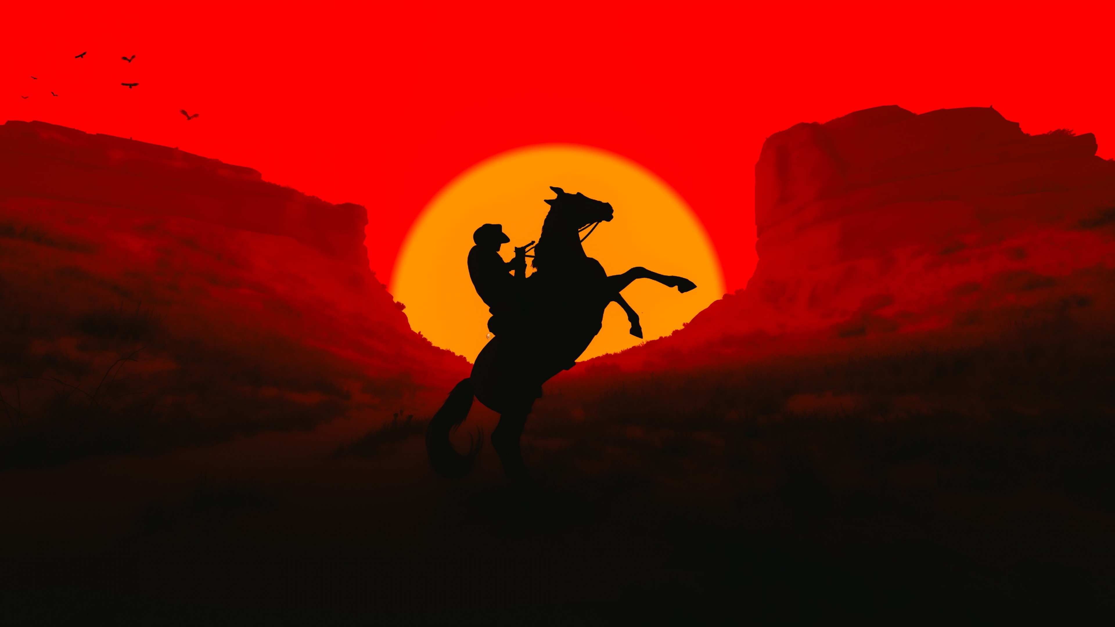 Silhouette of Arthur Morgan from Red Dead Redemption standing against a fiery red sunset in the Western plains.