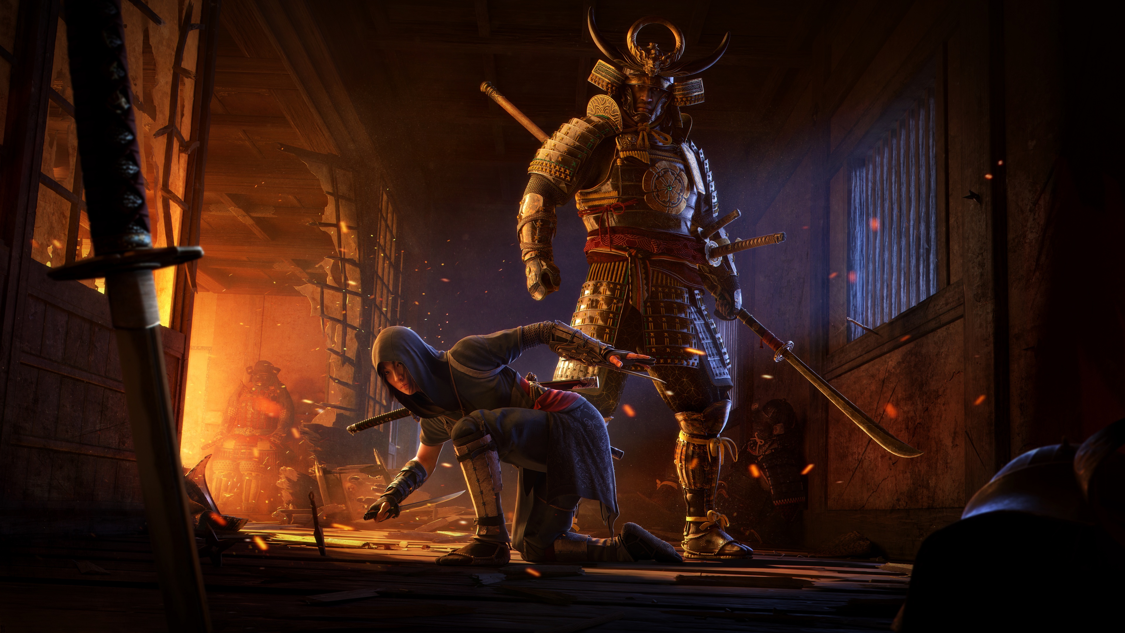 Cinematic key art for Assassin's Creed Shadows featuring the characters Naoe and Yasuke in a dramatic composition.