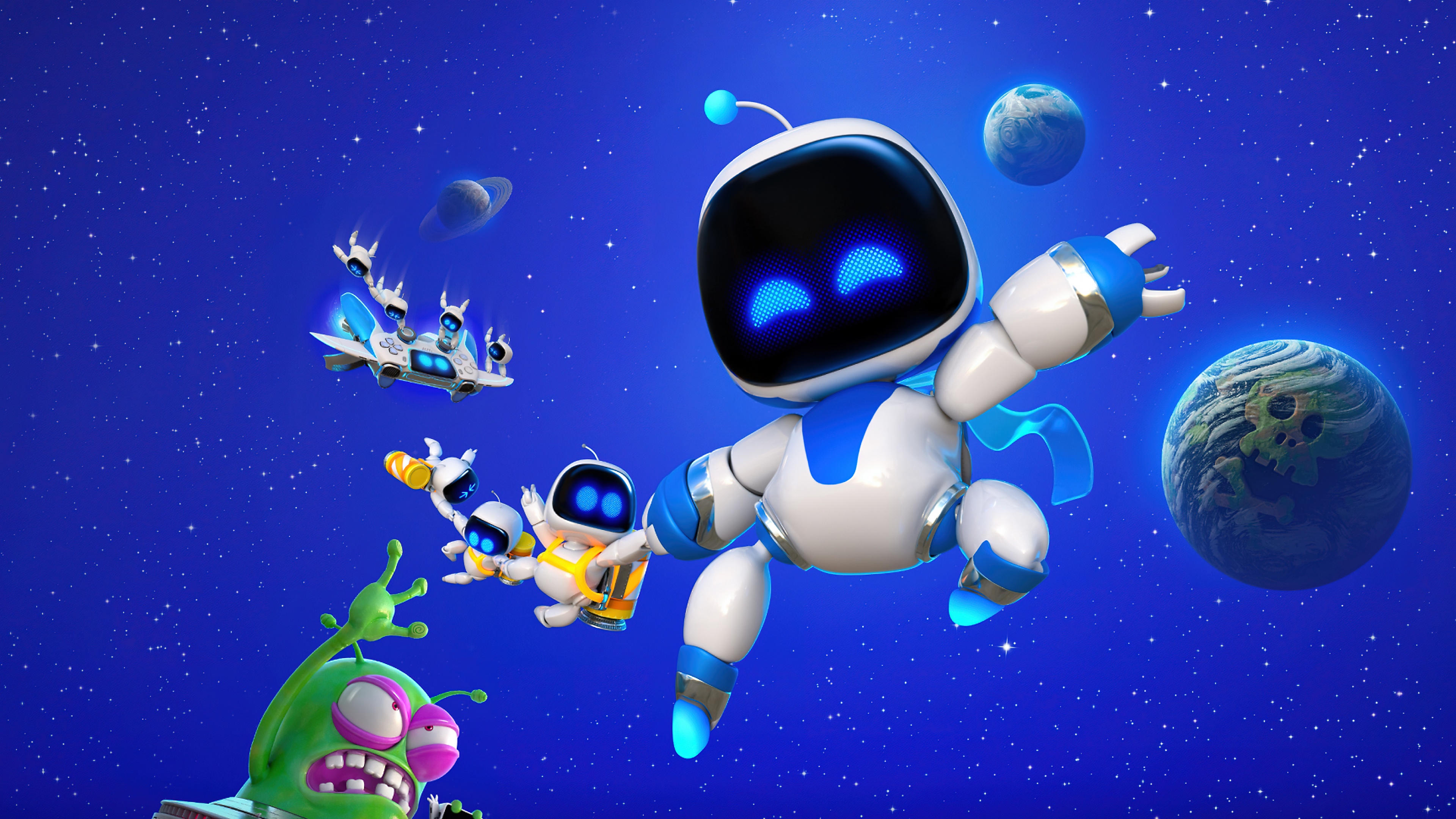 The character Astro Bot from the PlayStation 5 game Astro Bot against a bright blue background