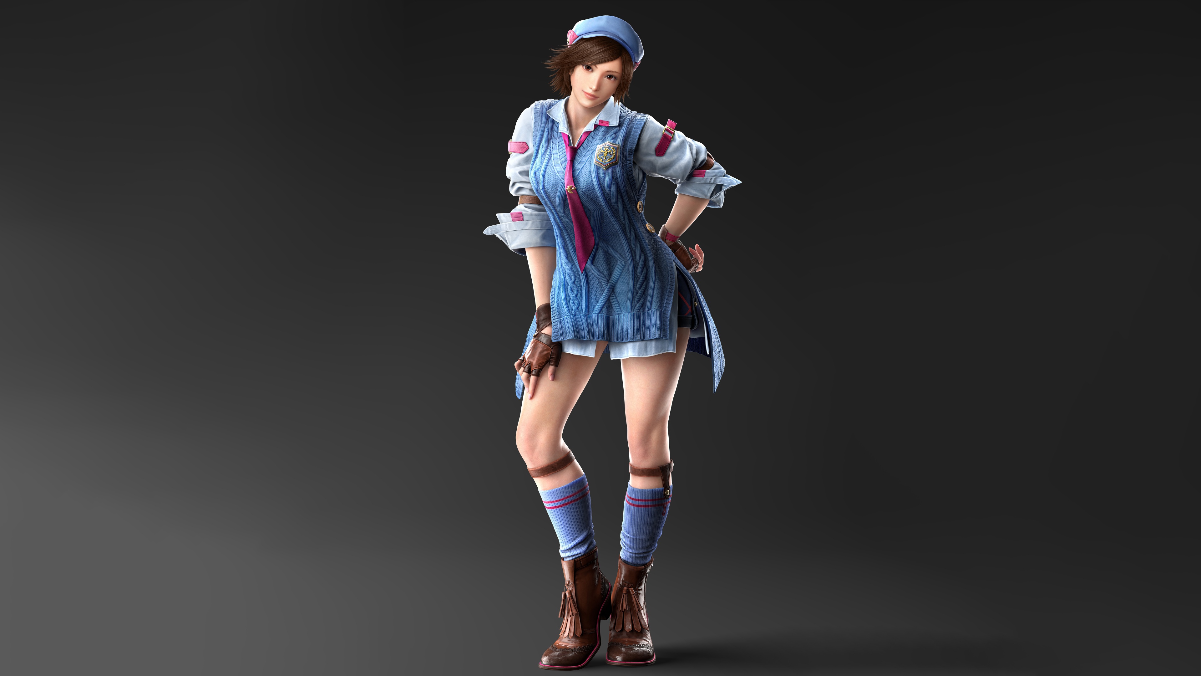 A high-resolution, dramatic portrait of Asuka Kazama from Tekken 8 set against a dark background.