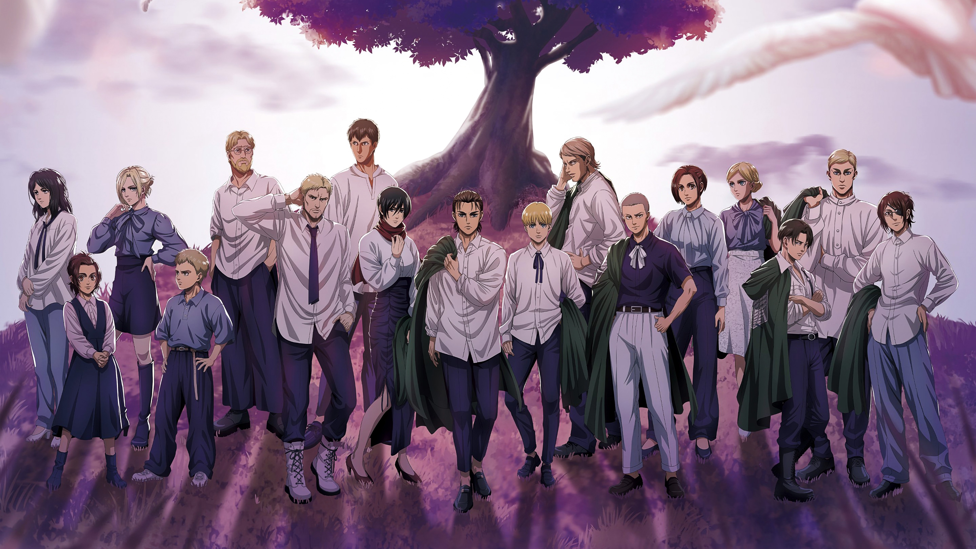 A high-resolution character poster from Attack on Titan featuring a moody purple aesthetic and dramatic lighting.