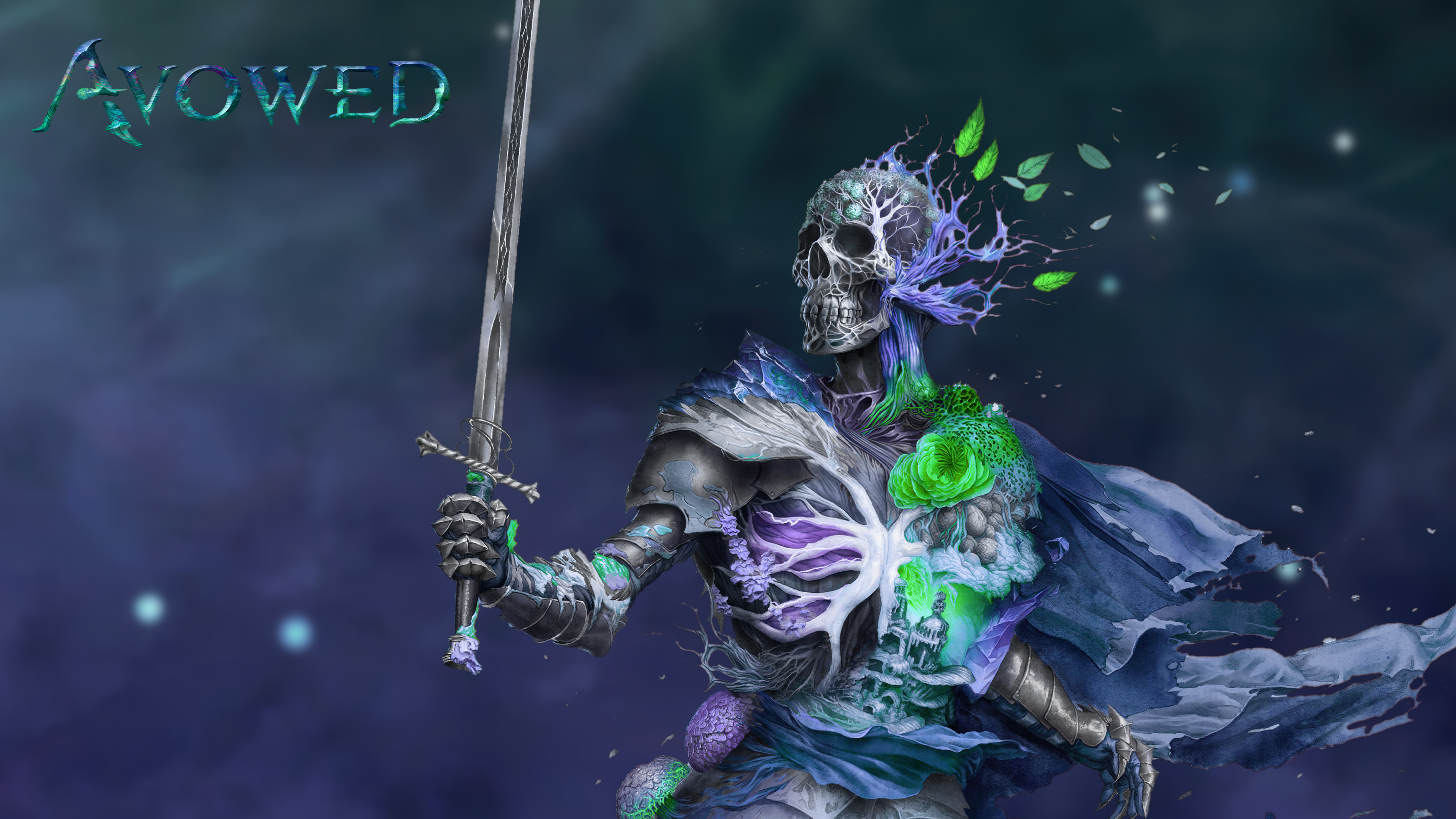 Cinematic game art of a fantasy character from the game Avowed, featuring detailed armor and a magical atmosphere.