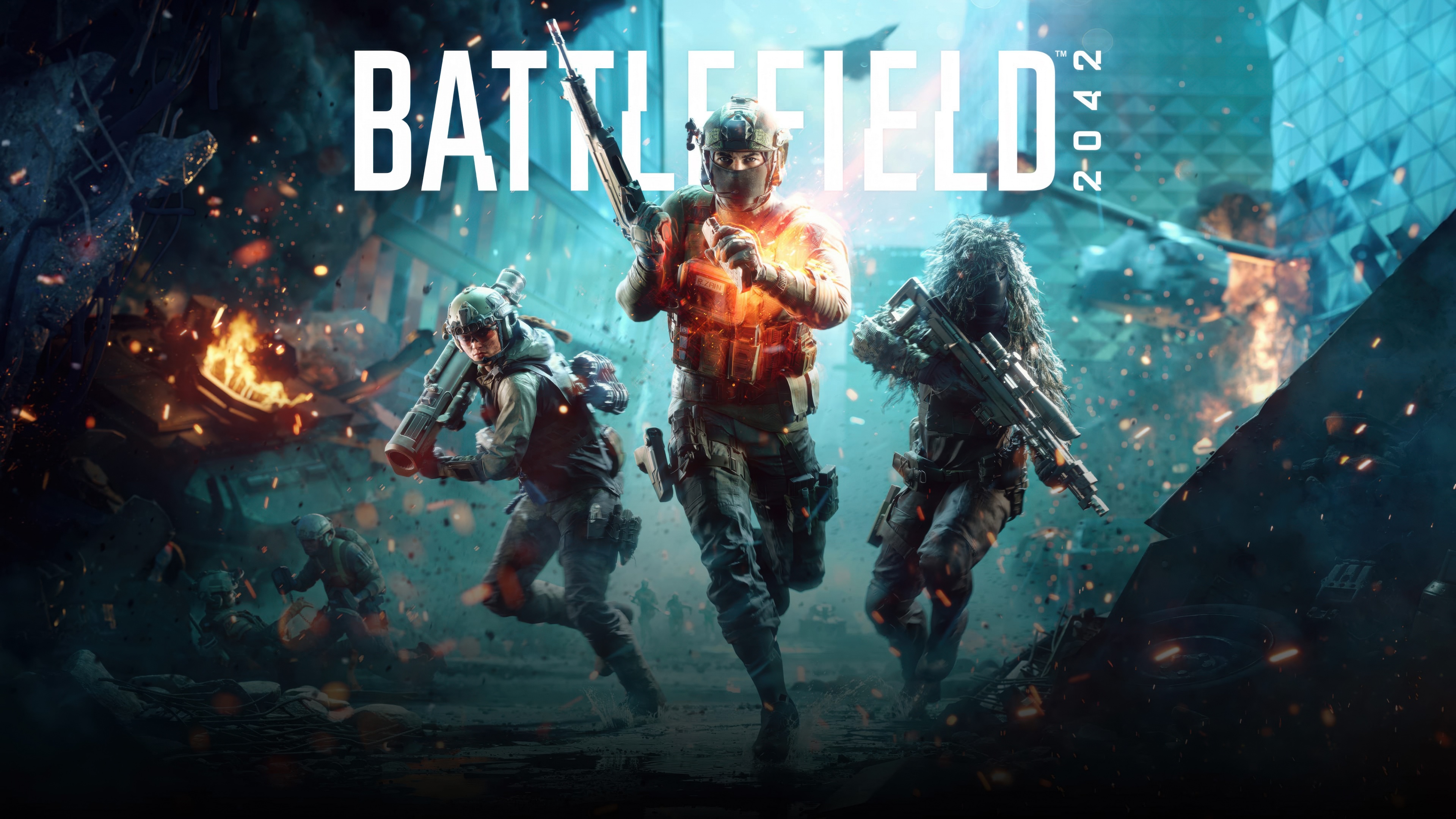 Cinematic 5K key art from Battlefield 2042 featuring a specialist soldier in a near-future battlefield setting.