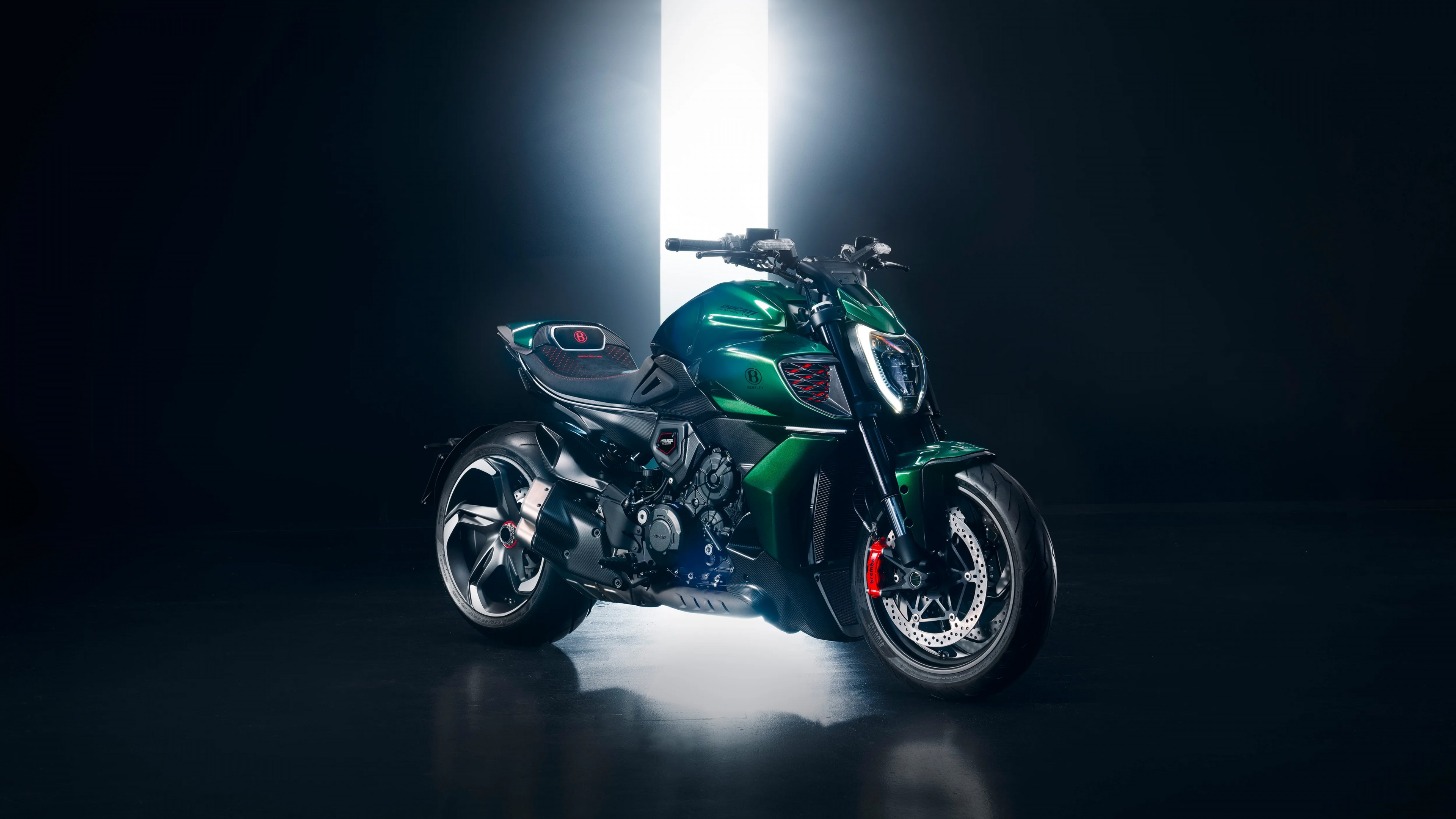 A highly detailed, luxury-styled Ducati Diavel motorcycle featuring Bentley-inspired design elements, premium leather, and polished metallic finishes.