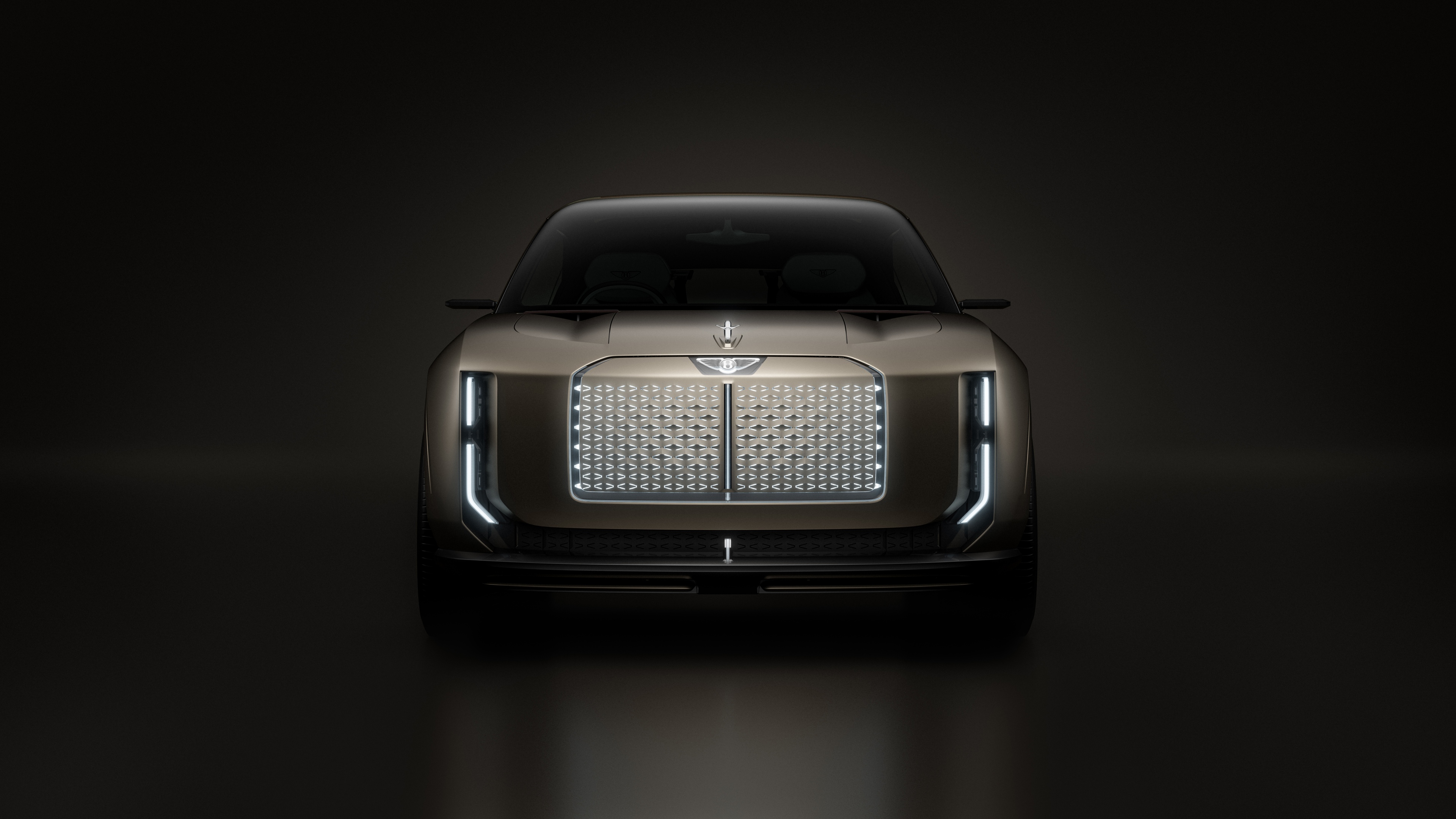 A sleek Bentley EXP 15 electric concept car showcased against a deep, dark, cinematic background.