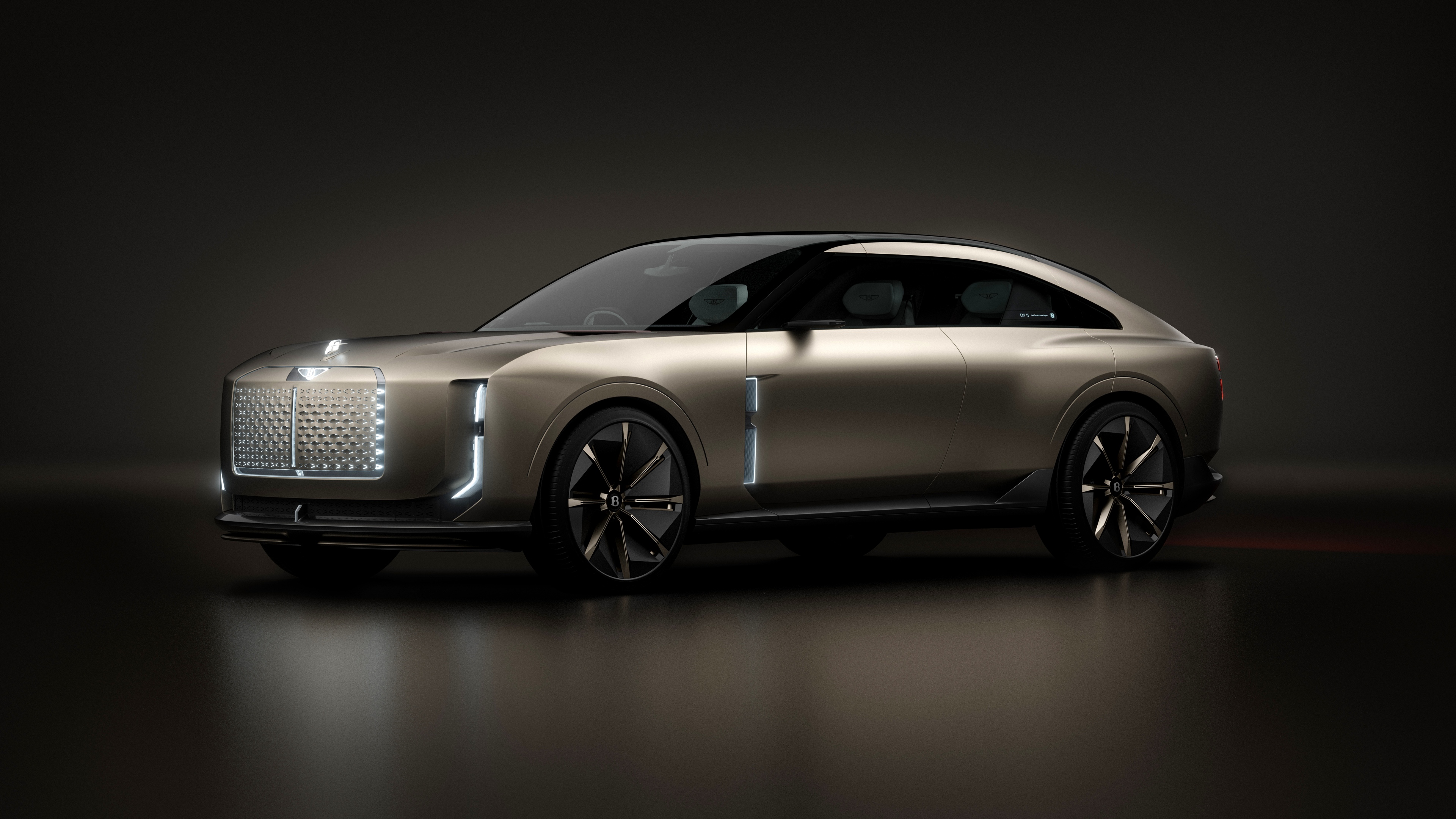 Futuristic Bentley EXP 15 luxury electric car against a dark cinematic background.