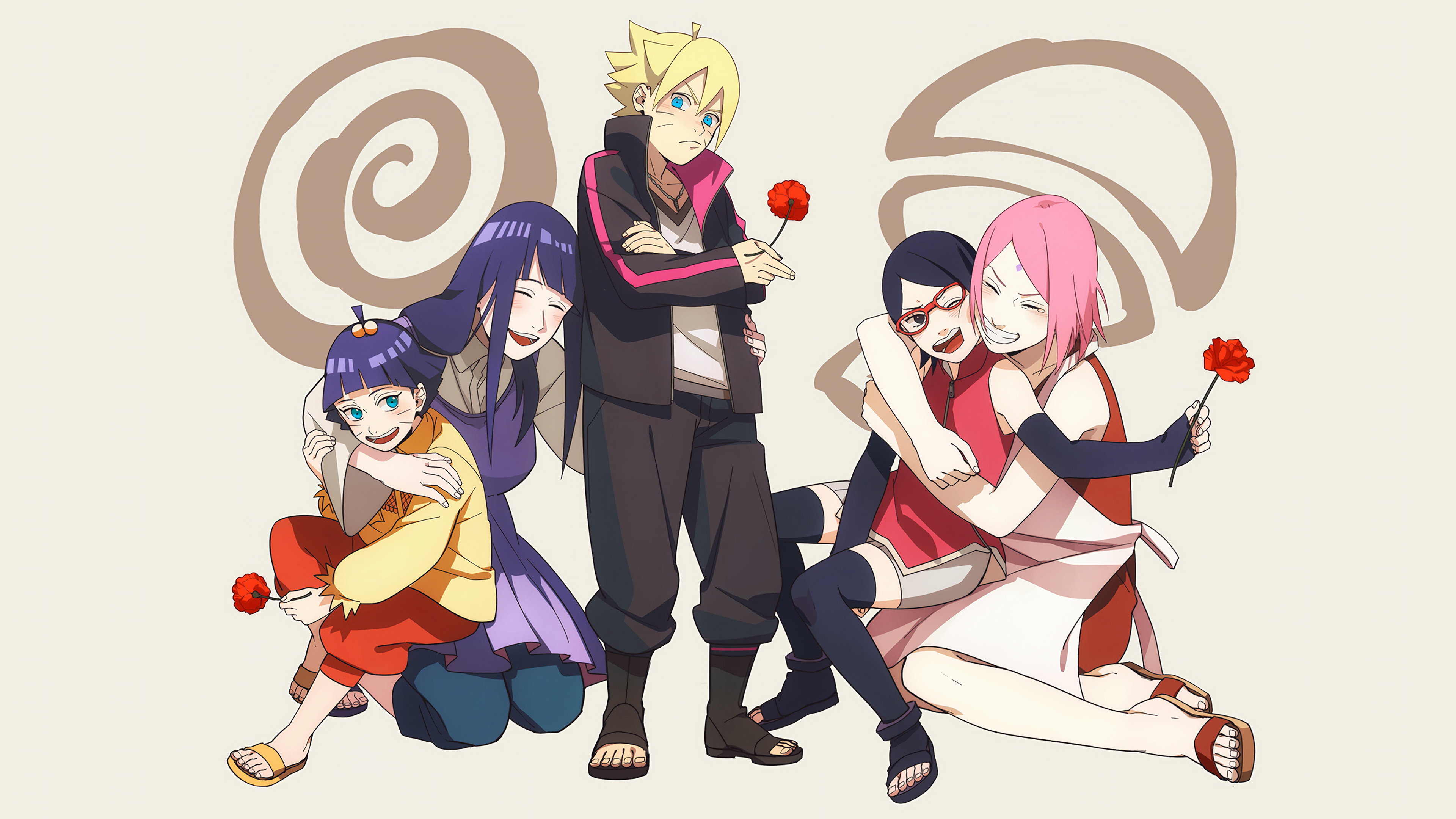 Character art of Boruto Uzumaki, Sarada Uchiha, Sakura Haruno, Hinata Hyuga, and Himawari Uzumaki from Boruto: Naruto the Movie.