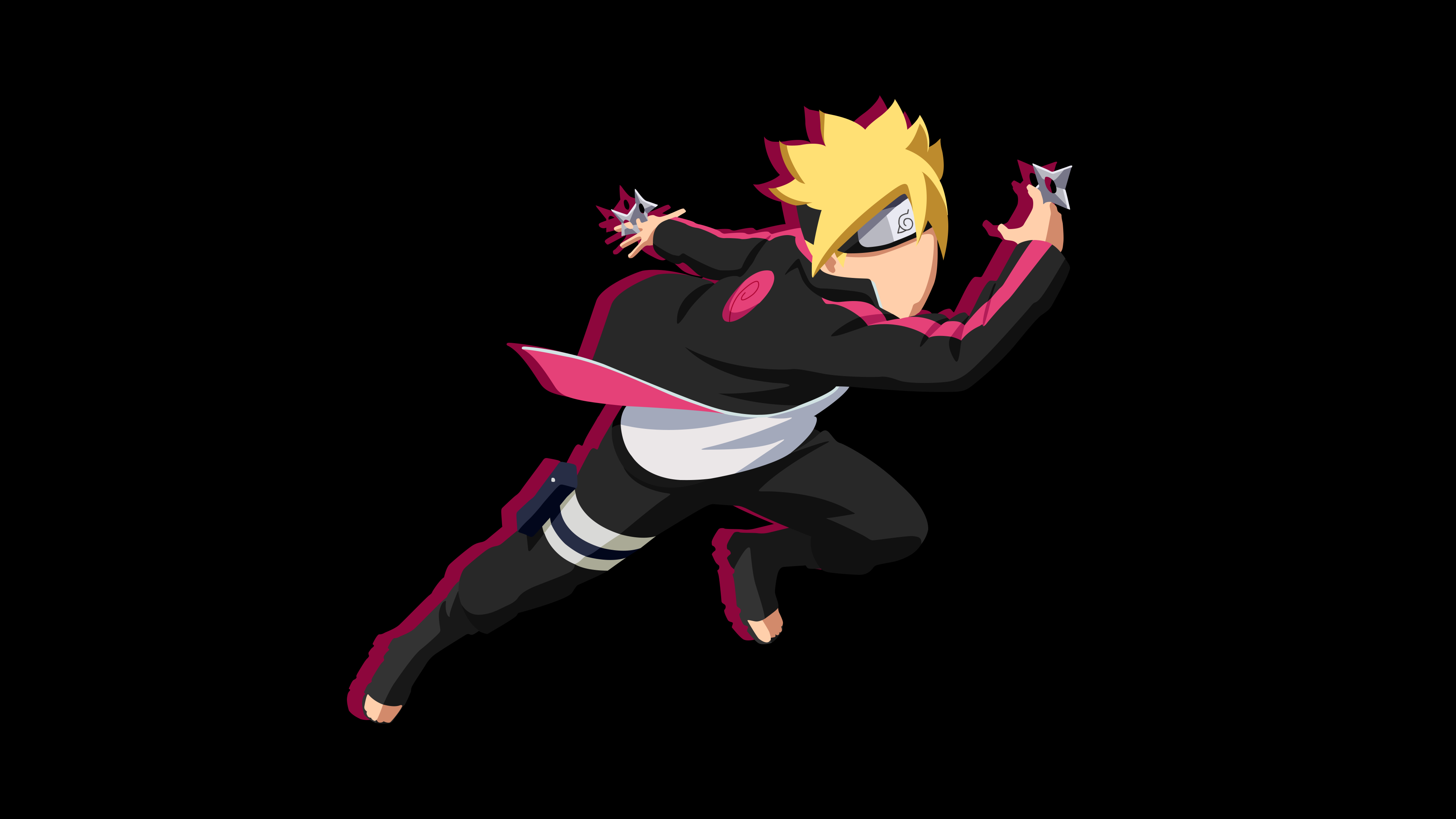 High-contrast AMOLED portrait of Boruto Uzumaki from the Naruto series on a solid black background.