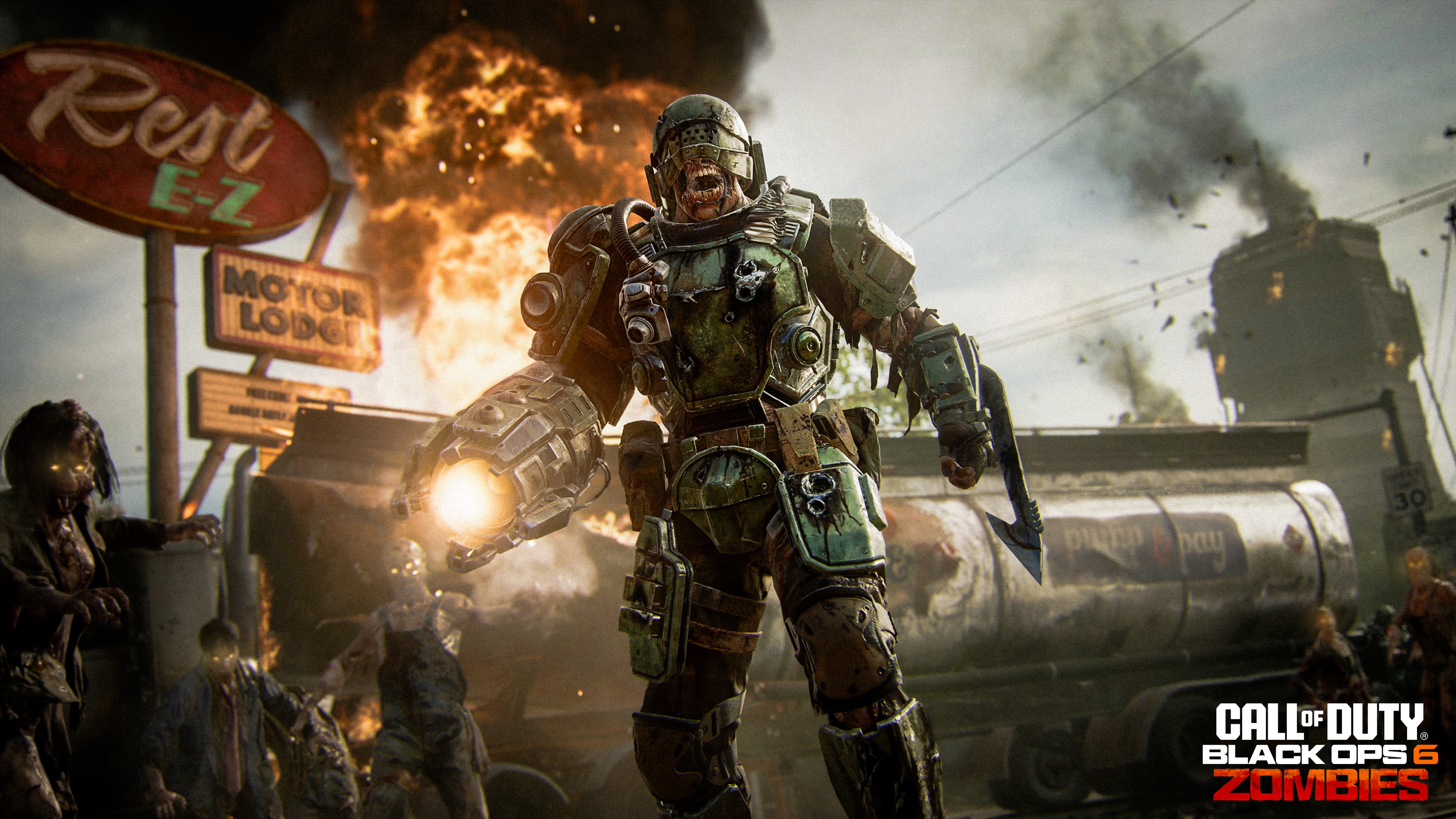 A gritty tactical soldier standing ready amidst a dark, zombie-infested environment from Call of Duty: Black Ops 6.