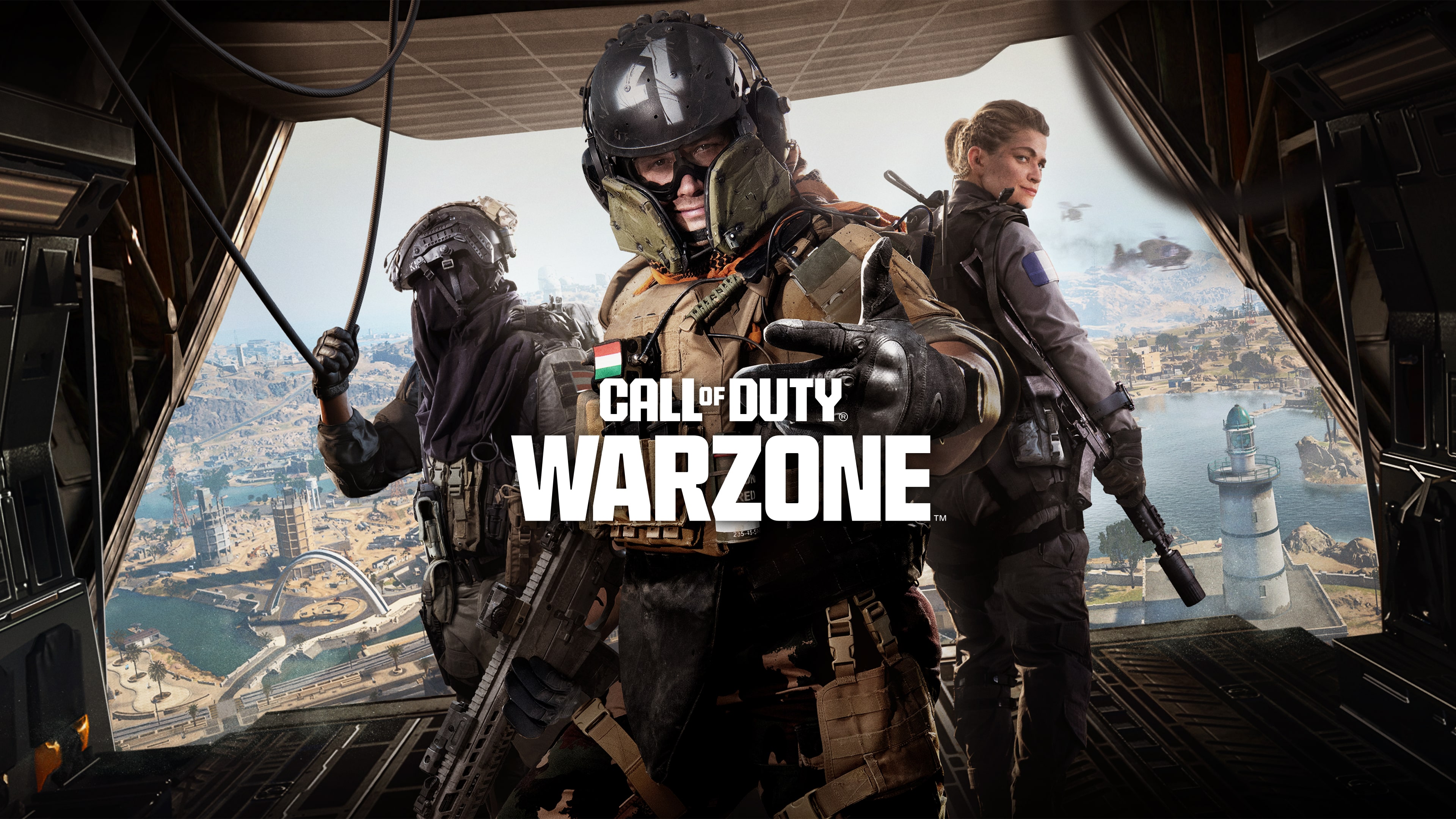 A detailed tactical soldier from Call of Duty: Warzone 2 wearing military combat gear and a tactical mask in a warzone setting.