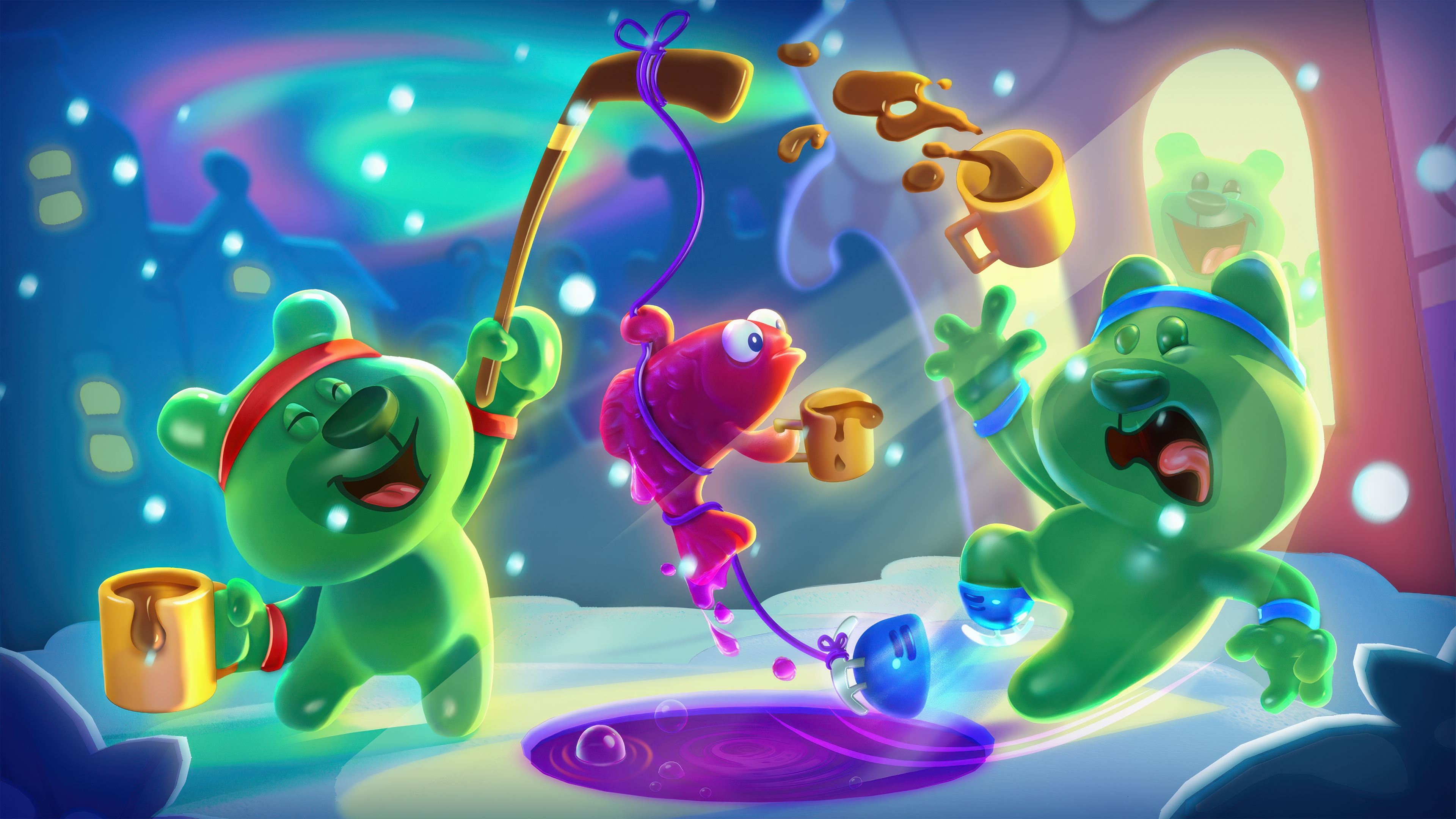 A colorful 5K game poster featuring various candies and bubbly soda elements from Candy Crush Soda Saga.