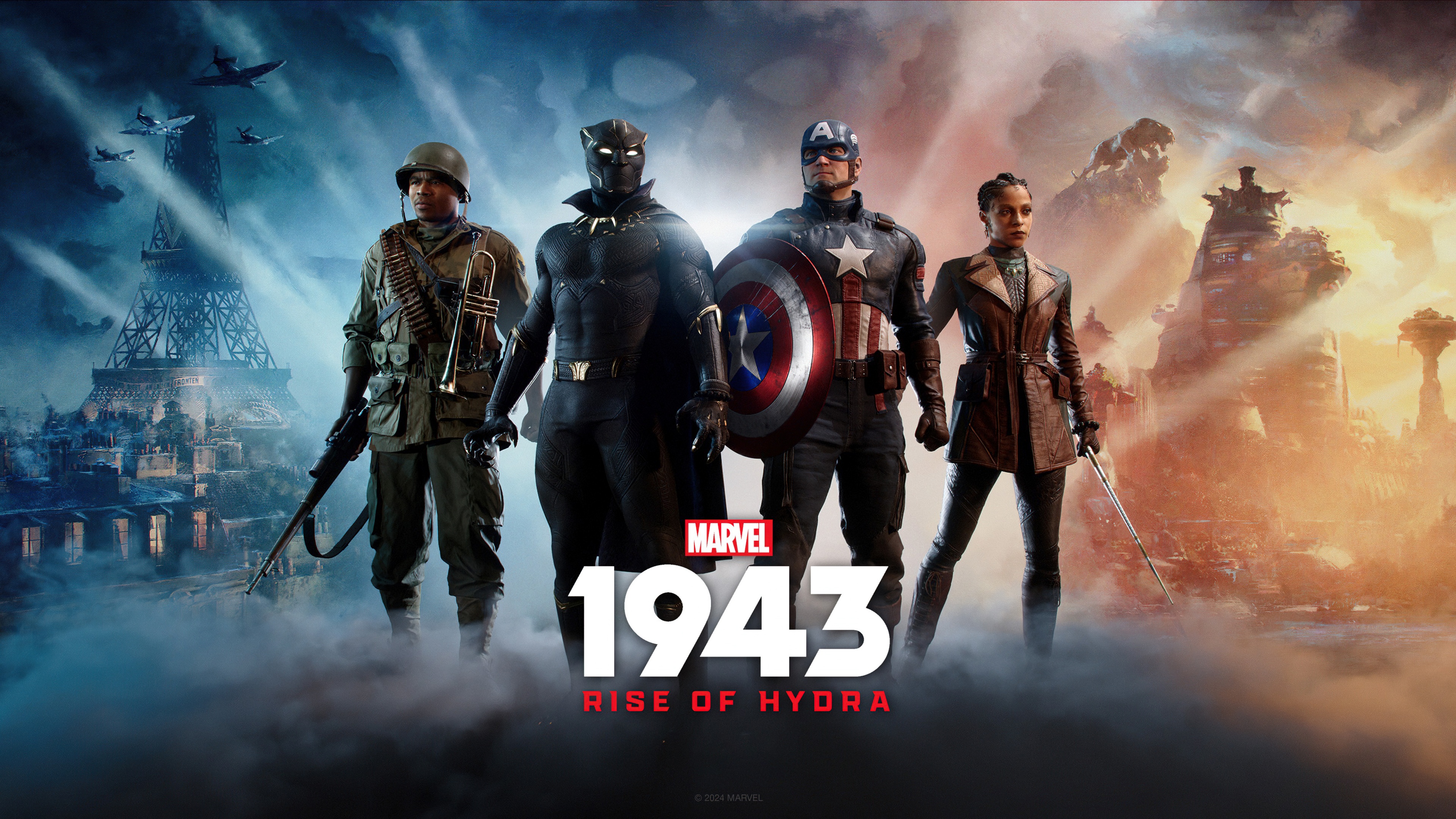 Cinematic ultrawide game art featuring Captain America and Bucky Barnes from Marvel 1943: Rise of Hydra amidst a wartime battlefield.