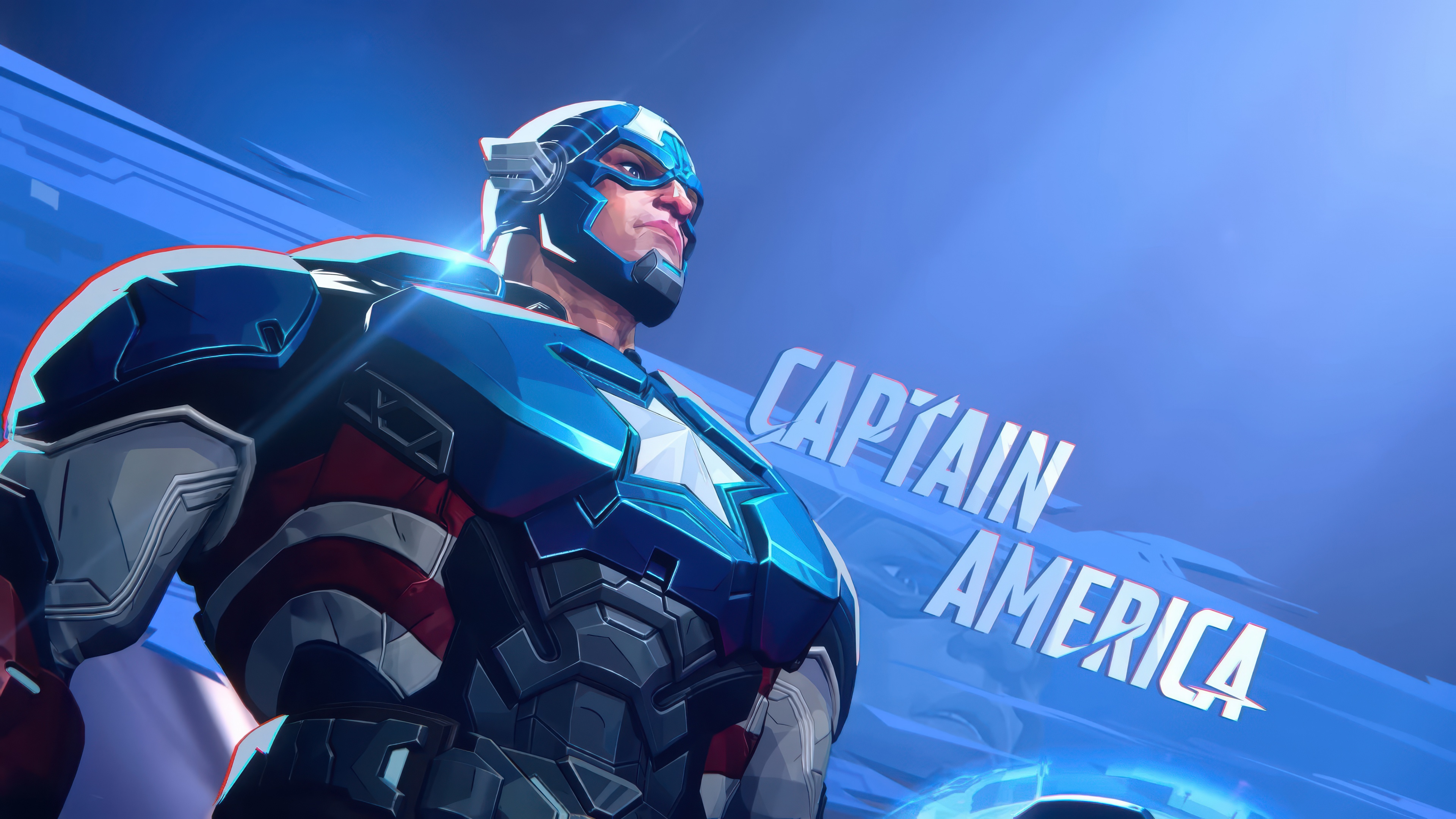 Captain America from Marvel Rivals posing against a solid blue background.
