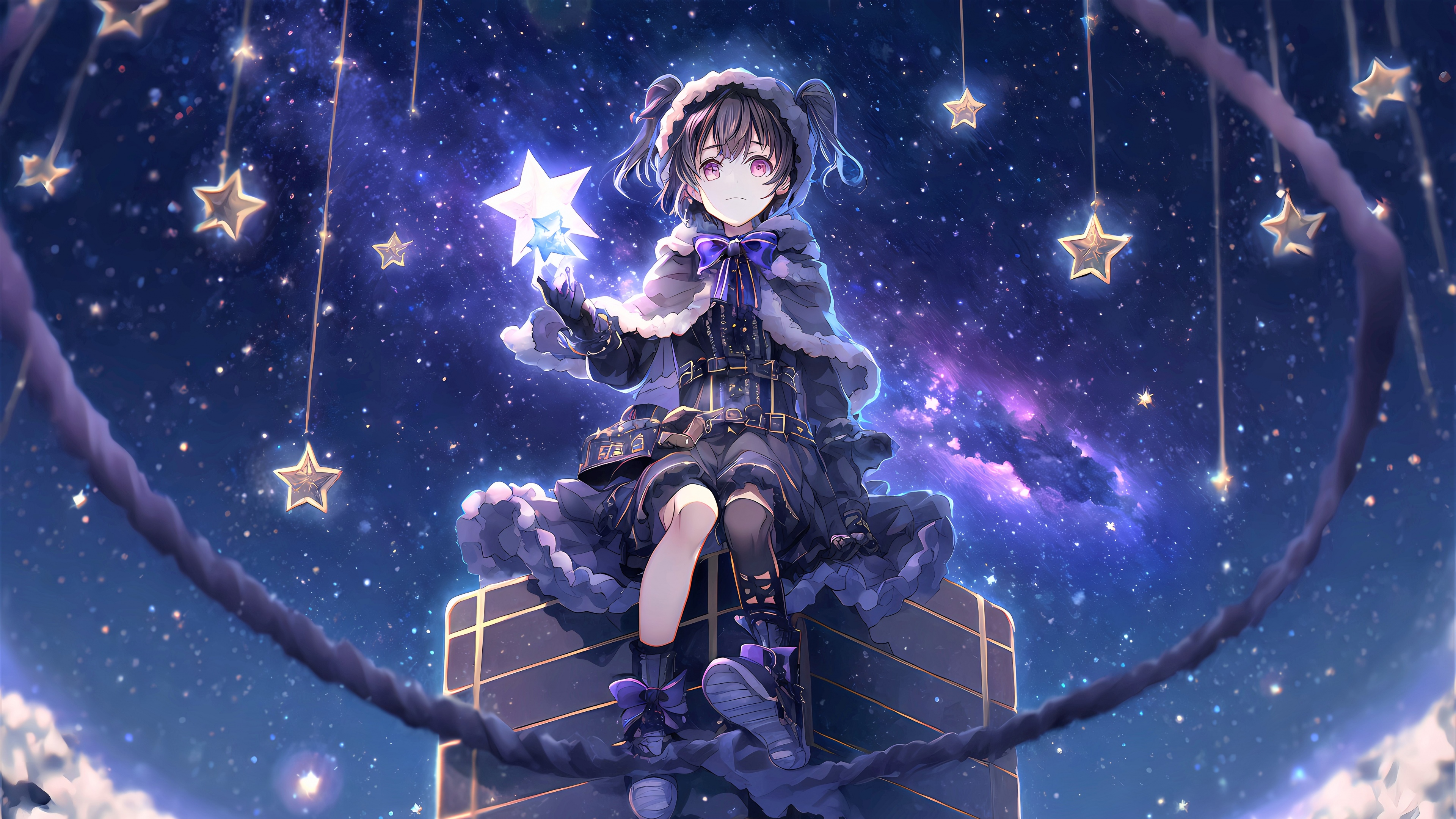 An anime girl surrounded by bright stars in a surreal, cold, and vast cosmic landscape.