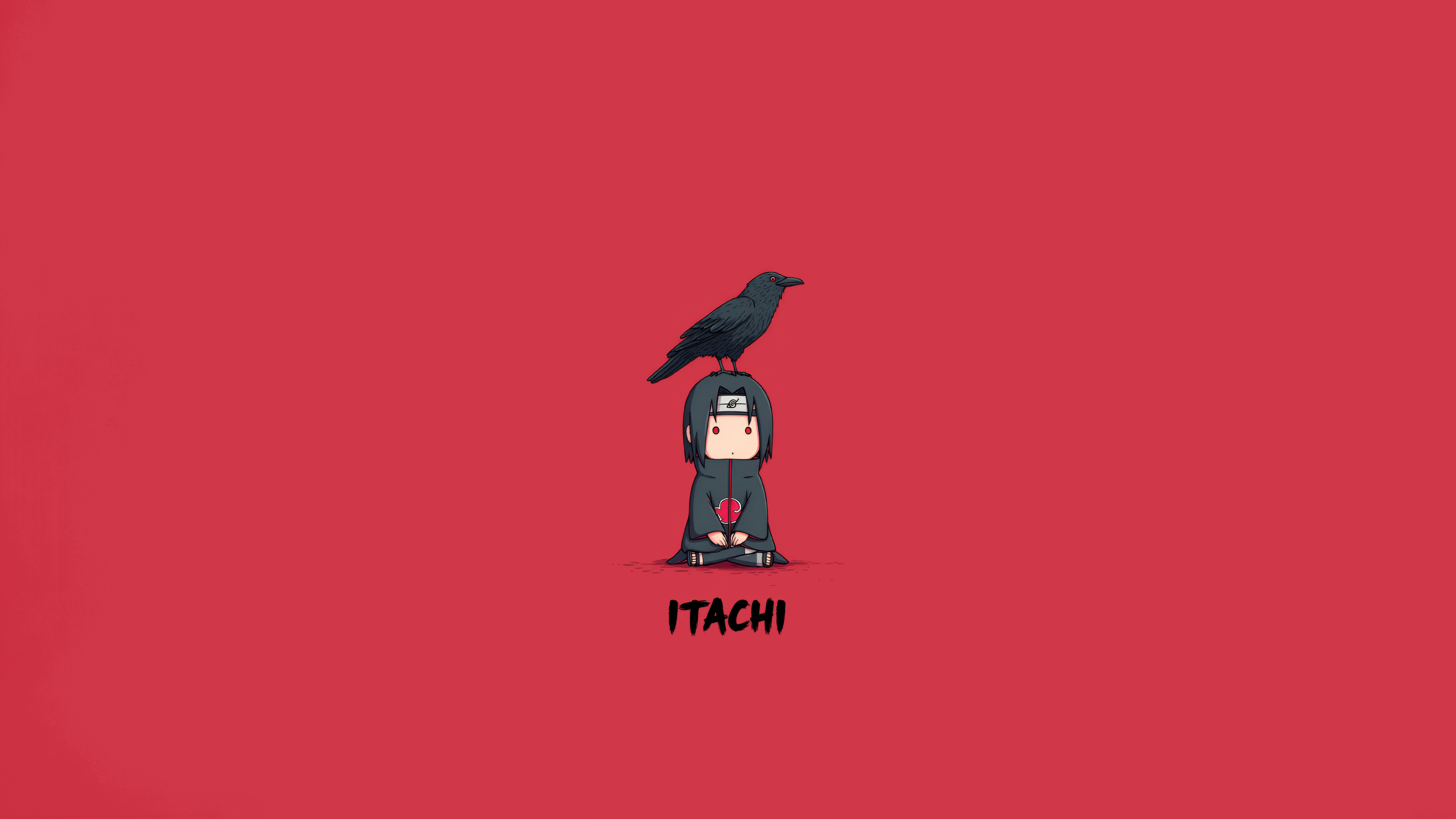 Minimalist chibi Itachi Uchiha from Naruto on a vibrant red background