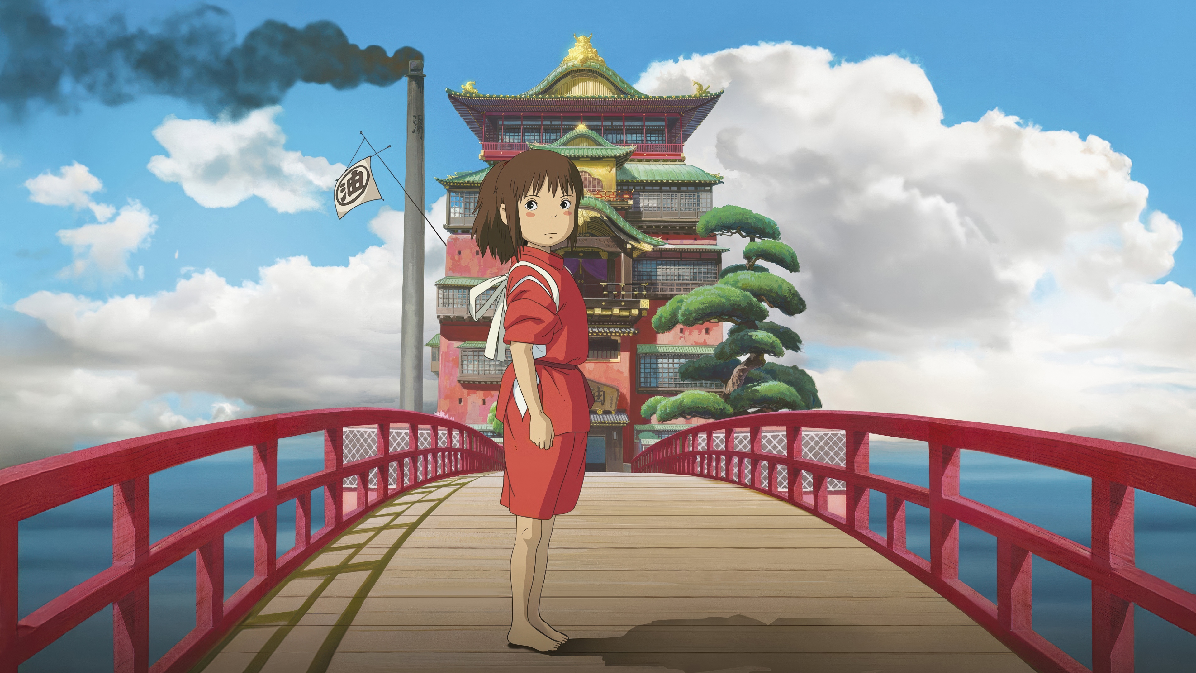 Chihiro from the anime Spirited Away standing within a beautifully detailed Japanese architectural setting.