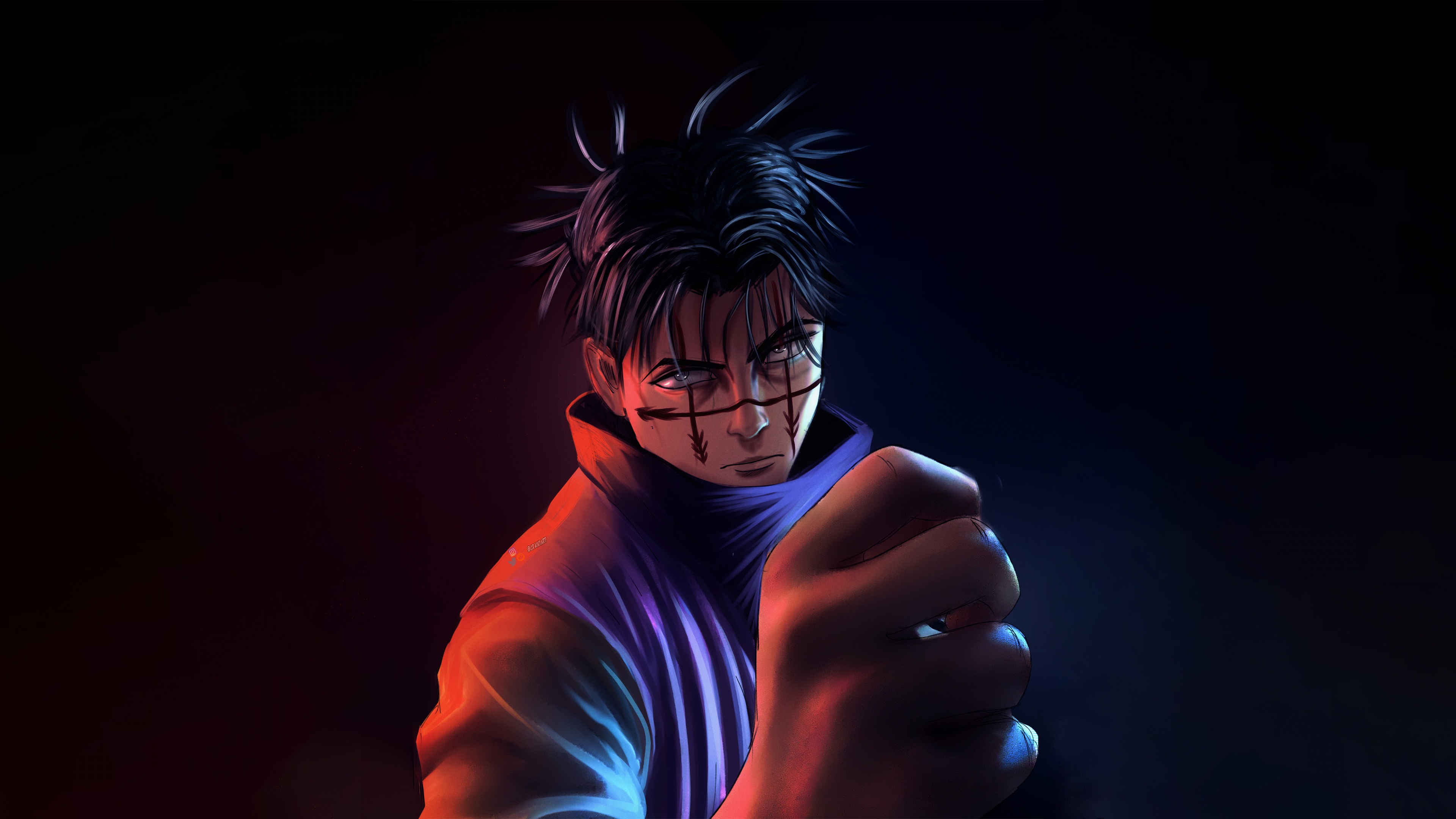 A dramatic close-up portrait of Choso from Jujutsu Kaisen against a dark, moody background.