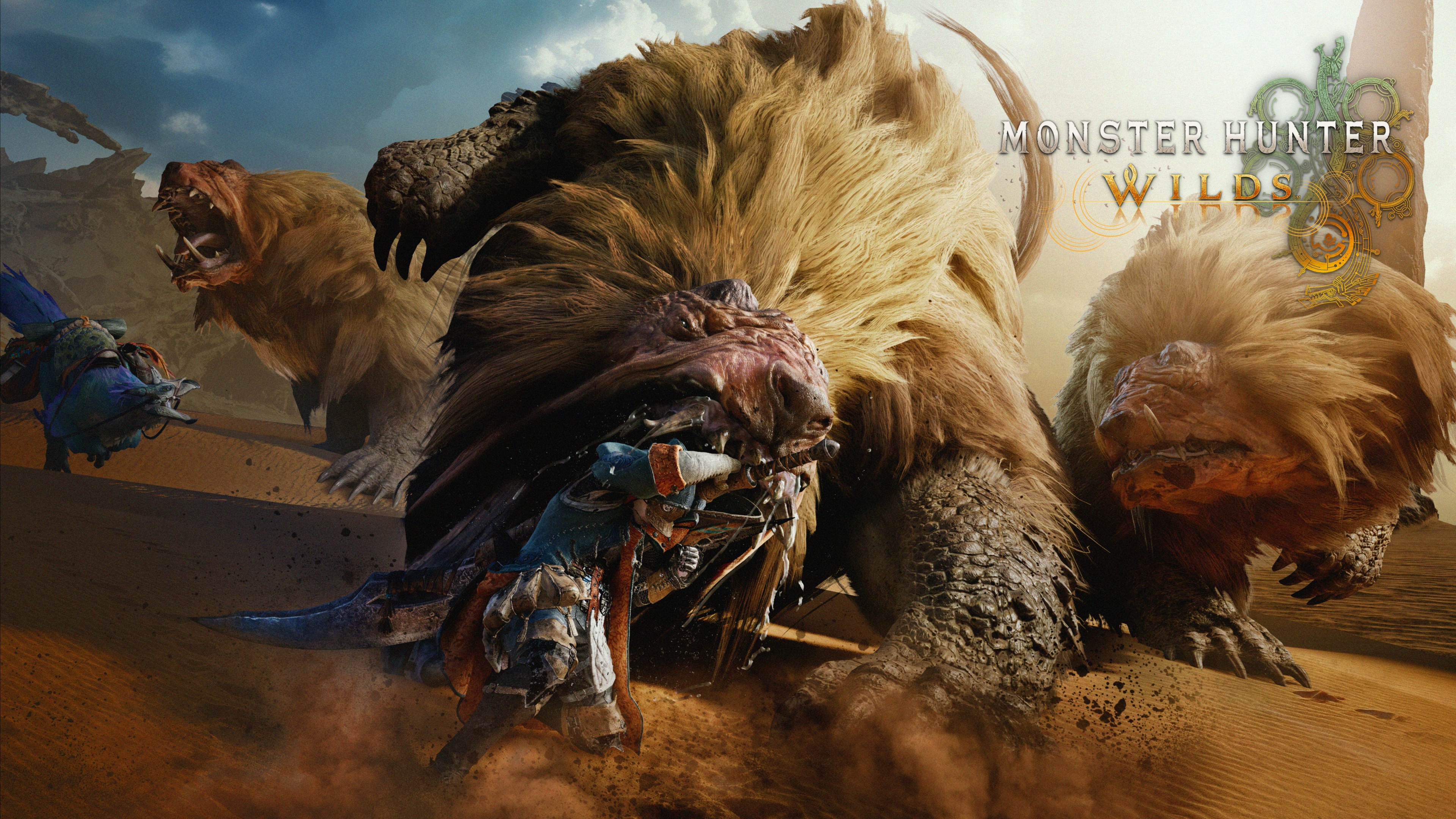A cinematic 5K action shot of a Hunter in the expansive, rugged world of Monster Hunter Wilds.