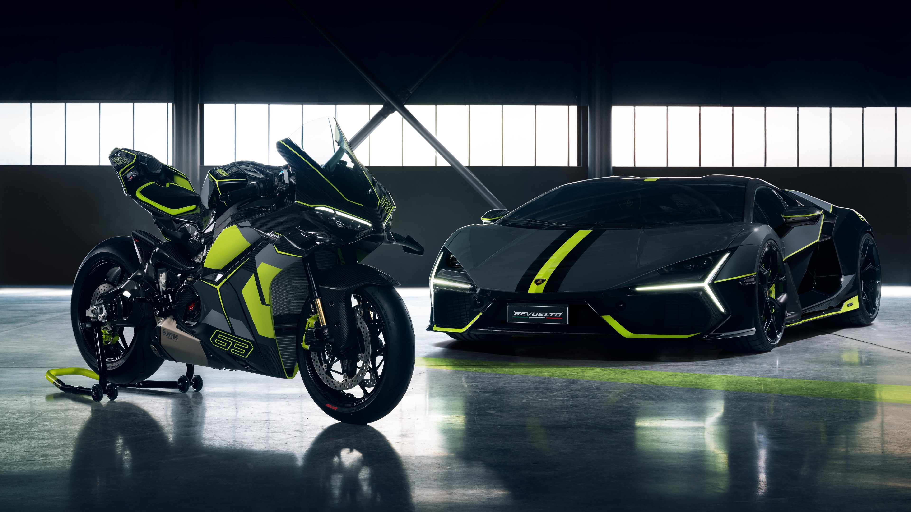 A high-performance Ducati Panigale V4 motorcycle and a Lamborghini Revuelto supercar presented in a cinematic, dark aesthetic setting.