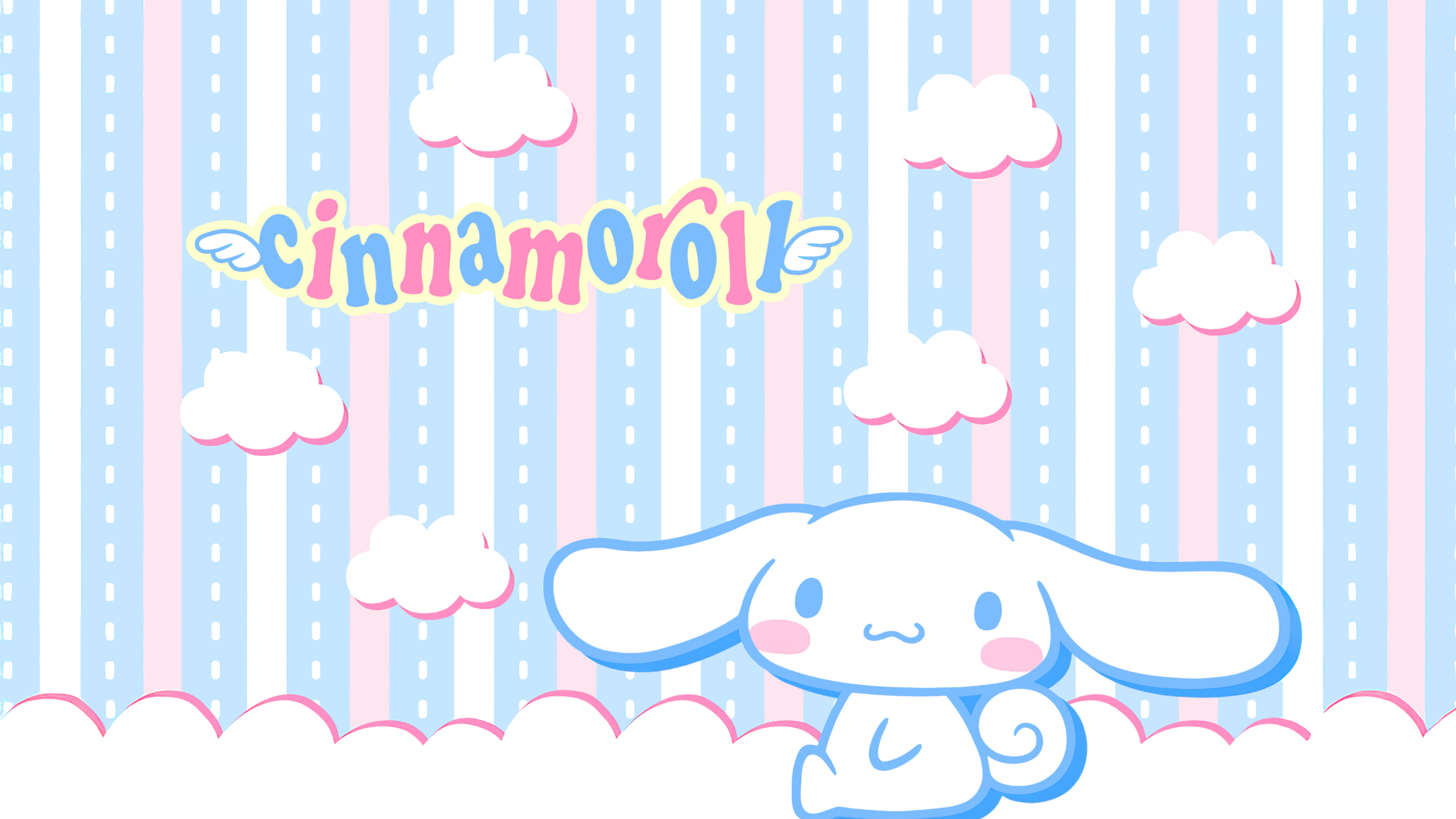 Cinnamoroll character from Sanrio floating among pink and blue striped clouds in a cute cartoon style.