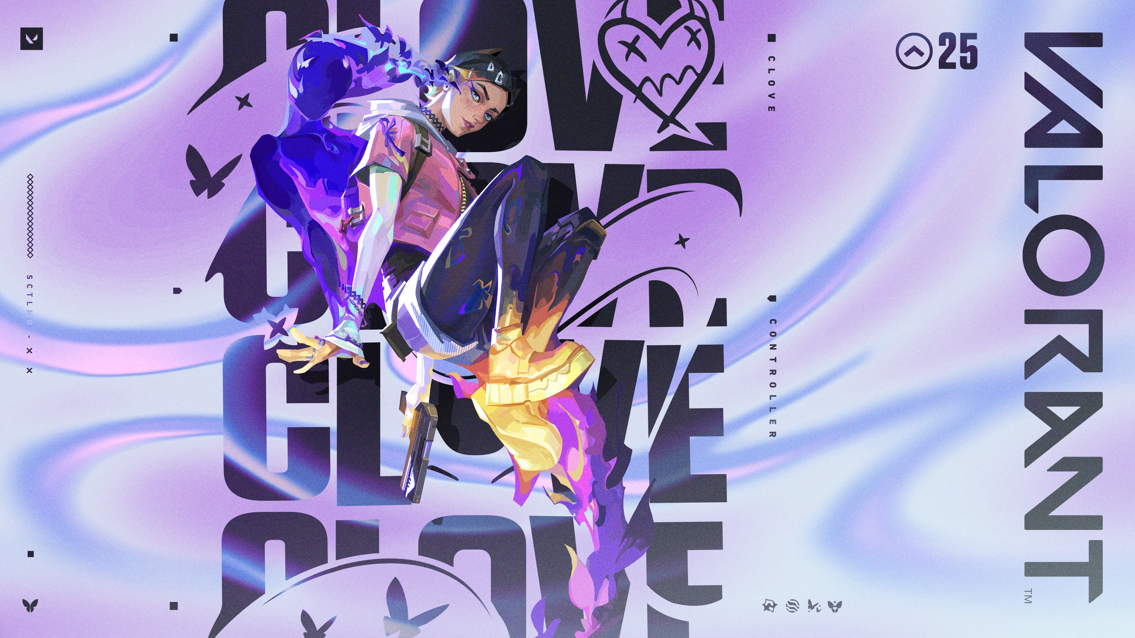 A detailed portrait of the character Clove from the video game Valorant, featuring ethereal butterfly effects and glowing energy.