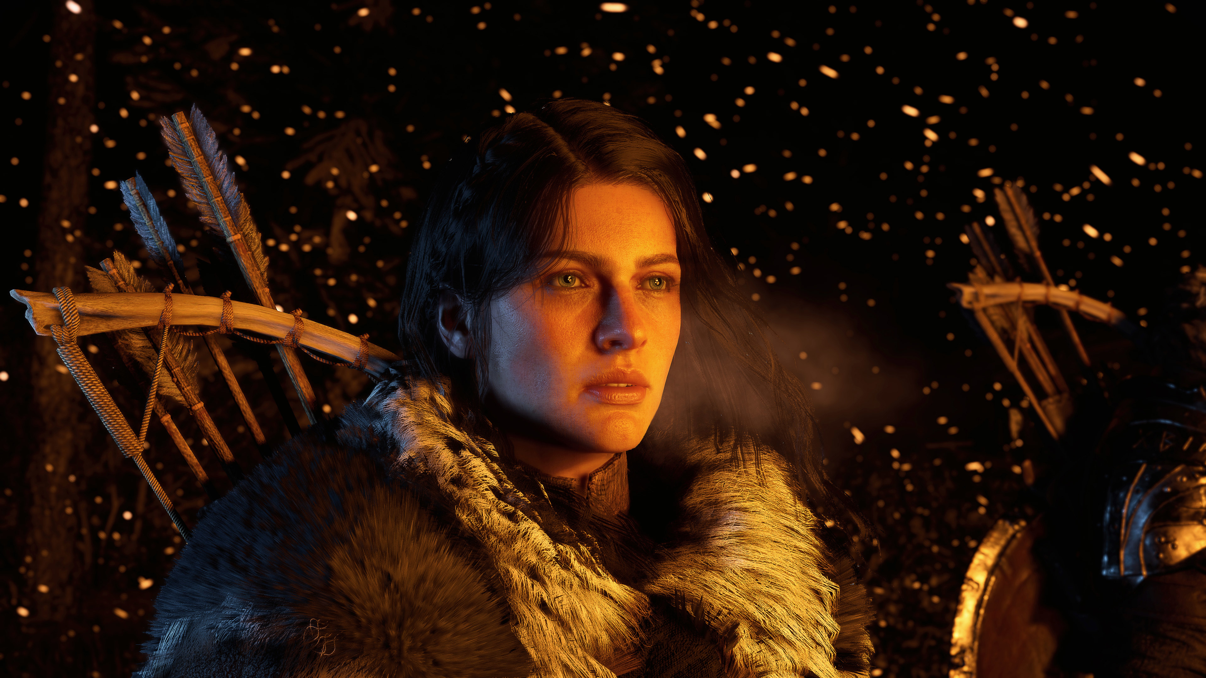 A detailed female warrior inspired by the Crimson Desert video game, featuring dark fantasy armor in a cinematic setting.