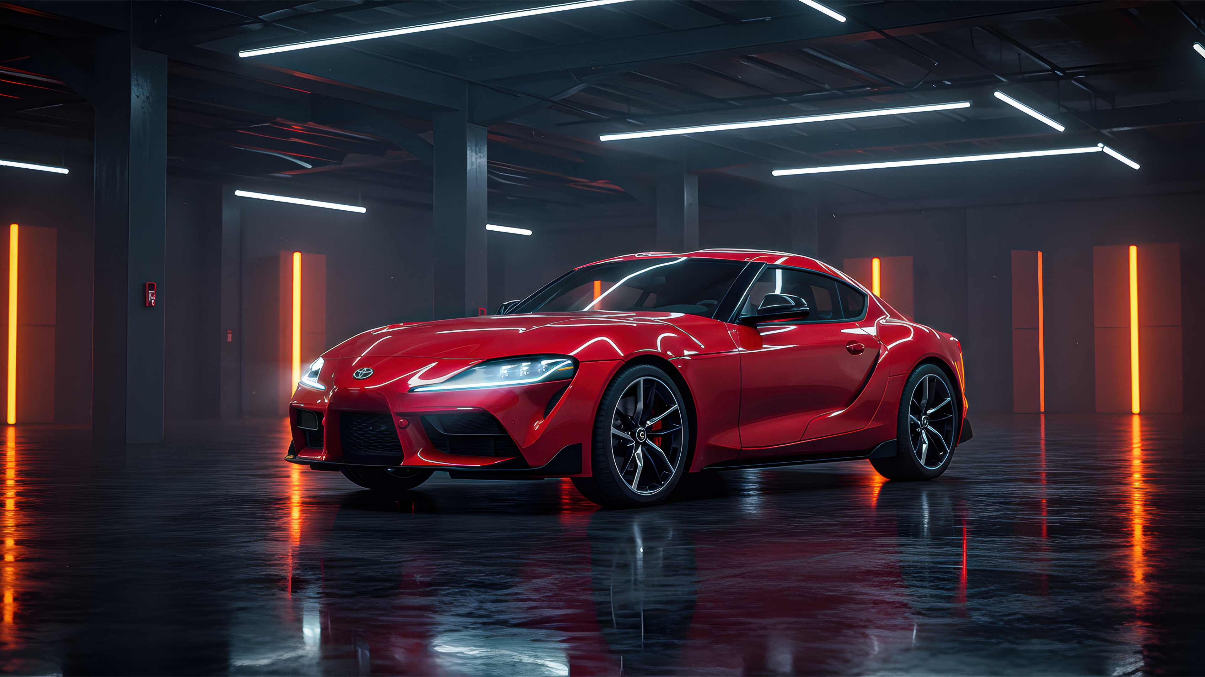 A red Toyota GR Supra illuminated by vibrant red neon lights with cinematic reflections on its metallic surface.
